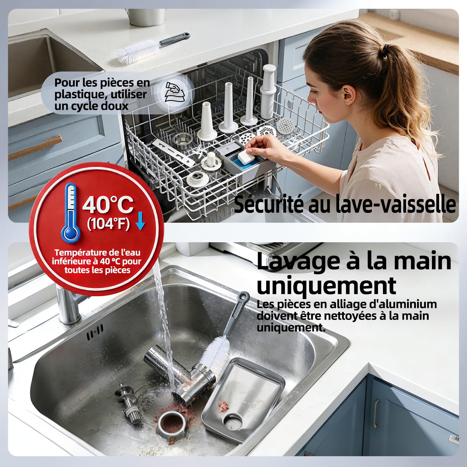FIMEI Hachoir à Viande Électrique, 4-en-1 avec 3 Grilles, 2 Lames | 3 Embouts à Saucisse, Kit Kibbe, Accessoire à Pâtisserie, Inversion anti-blocage, Base en Acier Inoxydable & Antidérapante