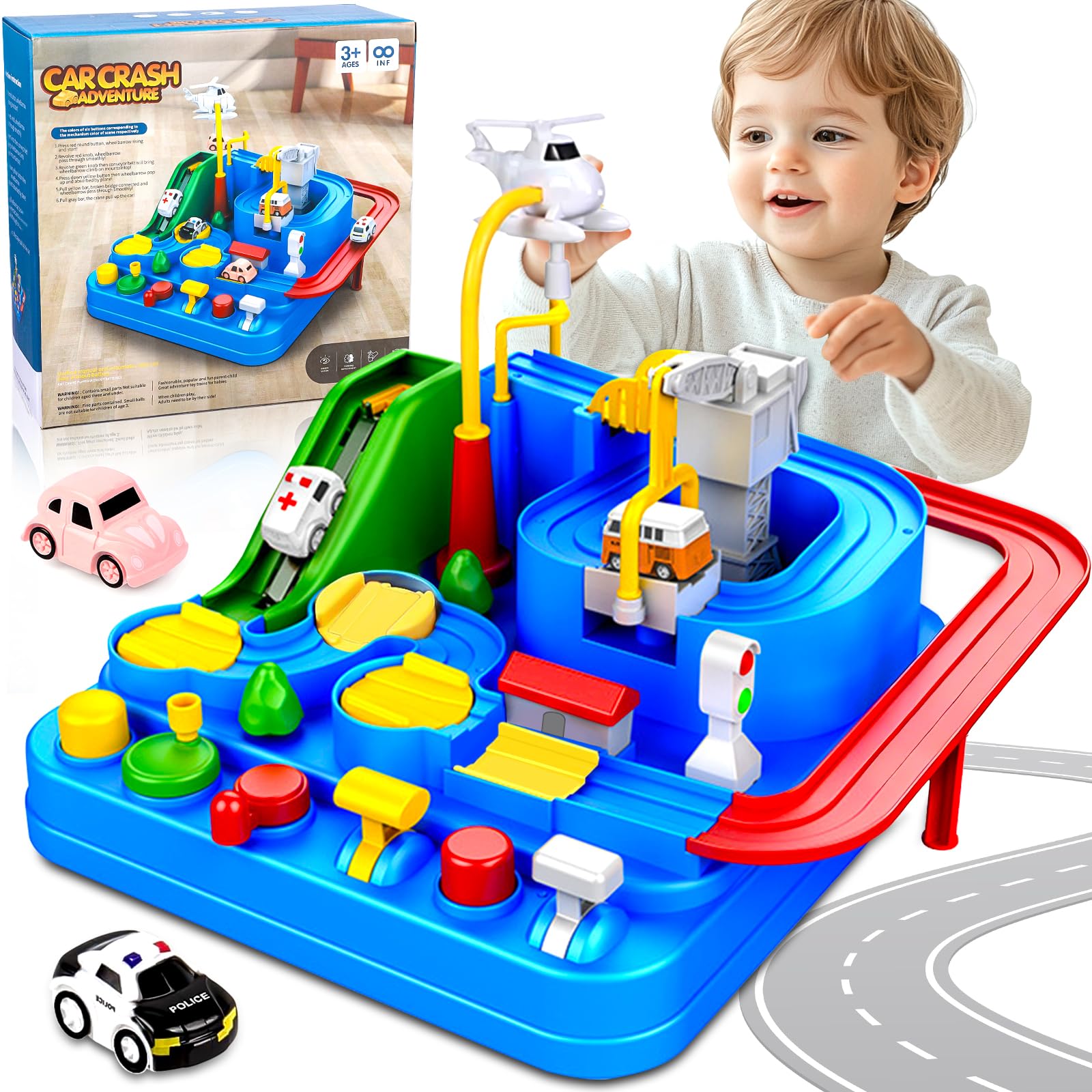 XUNIVERS - Giocattoli d'avventura in auto, pista per auto, giocattoli d'avventura, giocattolo educativo e interattivo, giochi Montessori per bambini e ragazze, regalo con elicottero