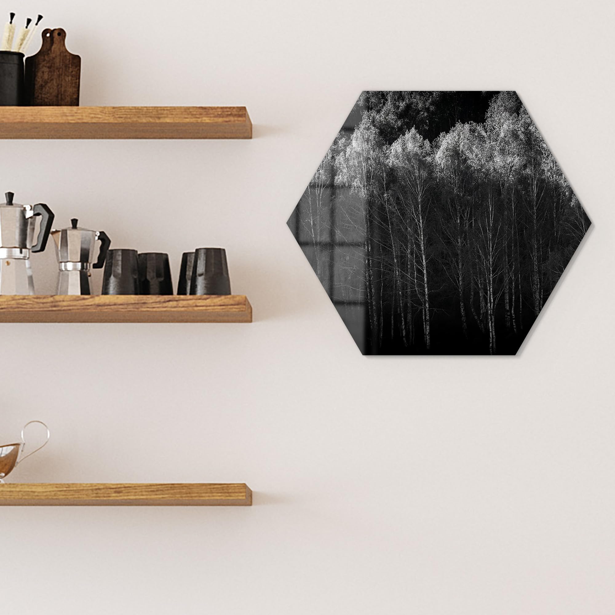 DEQORI Szklana tablica magnetyczna | sześciokątny rozmiar 55 x 47,6 cm | motyw "Cisza lasu" | tablica memo ze szkła | tablica magnetyczna z magnesami, długopisem i ściereczką do kuchni i biura |