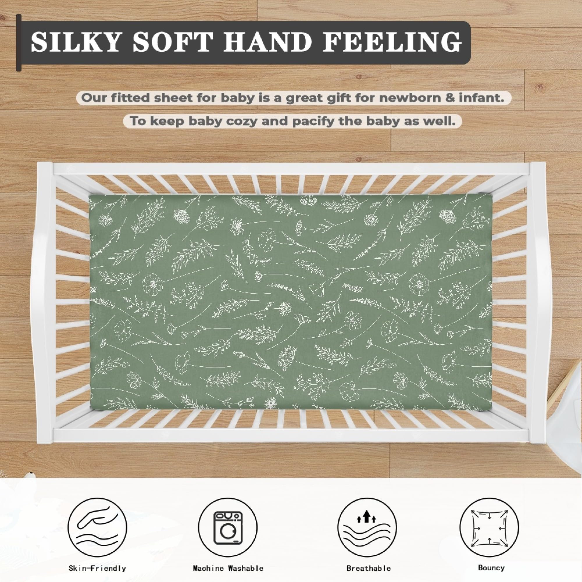 Sábana bajera ajustable para cuna, diseño de prado y flores silvestres, color verde salvia, para colchón estándar de cuna y niños pequeños, 71 x 132 cm