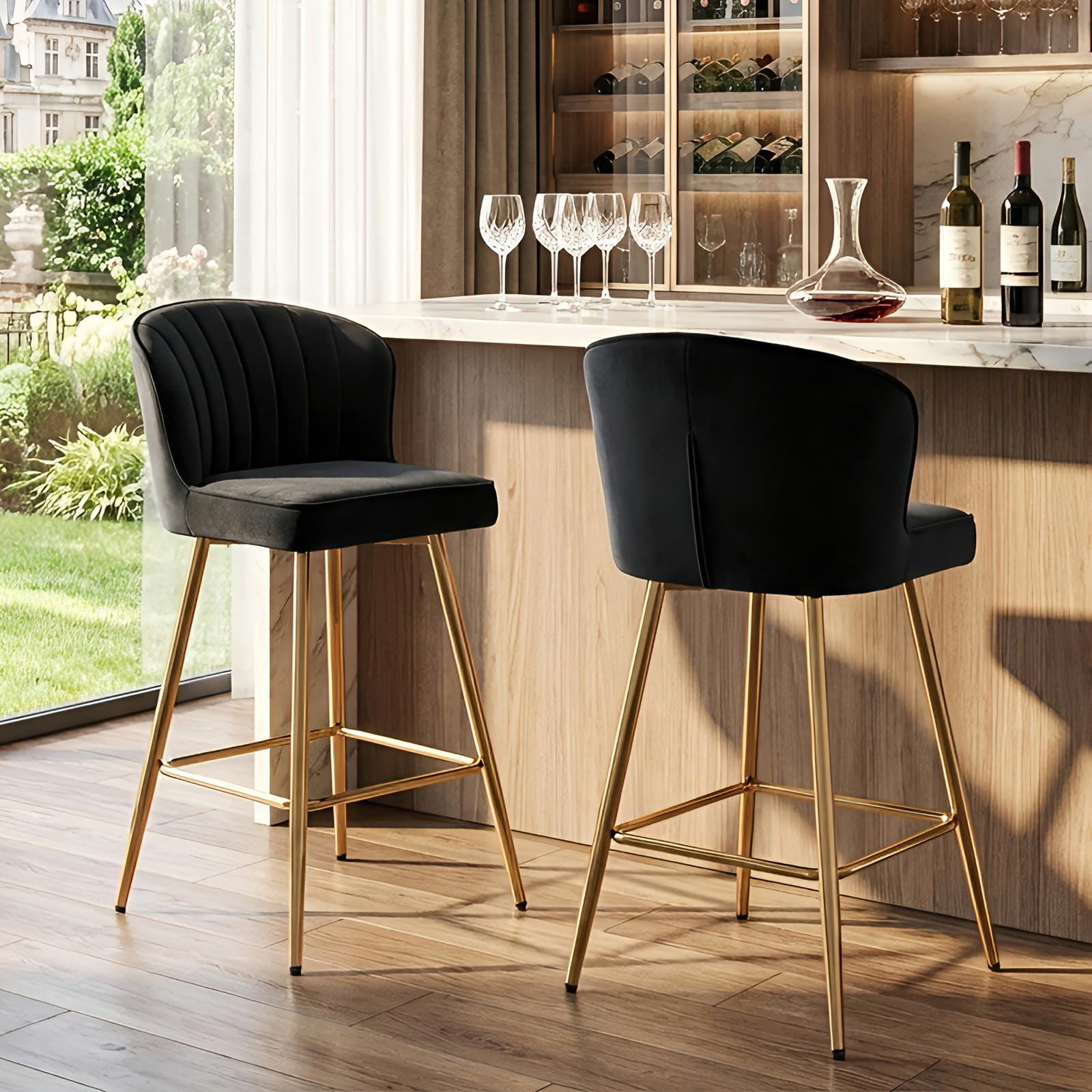 Ya-Home Bar Stools Set of 2 Velvet Counter Chairs with Metal Legs, Soft Padded Breakfast Height Stools for Kitchen Island/Bar, Black