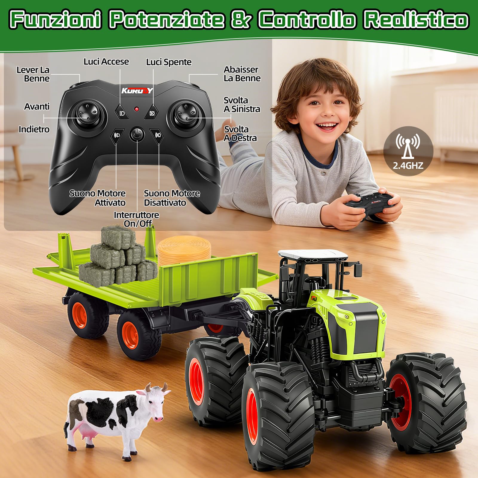 Ulikey RC Trattore Telecomandato per Bambini, 1:16 2,4 GHz Trattore Radiocomandato con Rimorchio, Mucca, Pecora e Pagliaio, Agricolo RC Auto con Musica Luci LED per Bambini di 4 5 6 7 8 anni