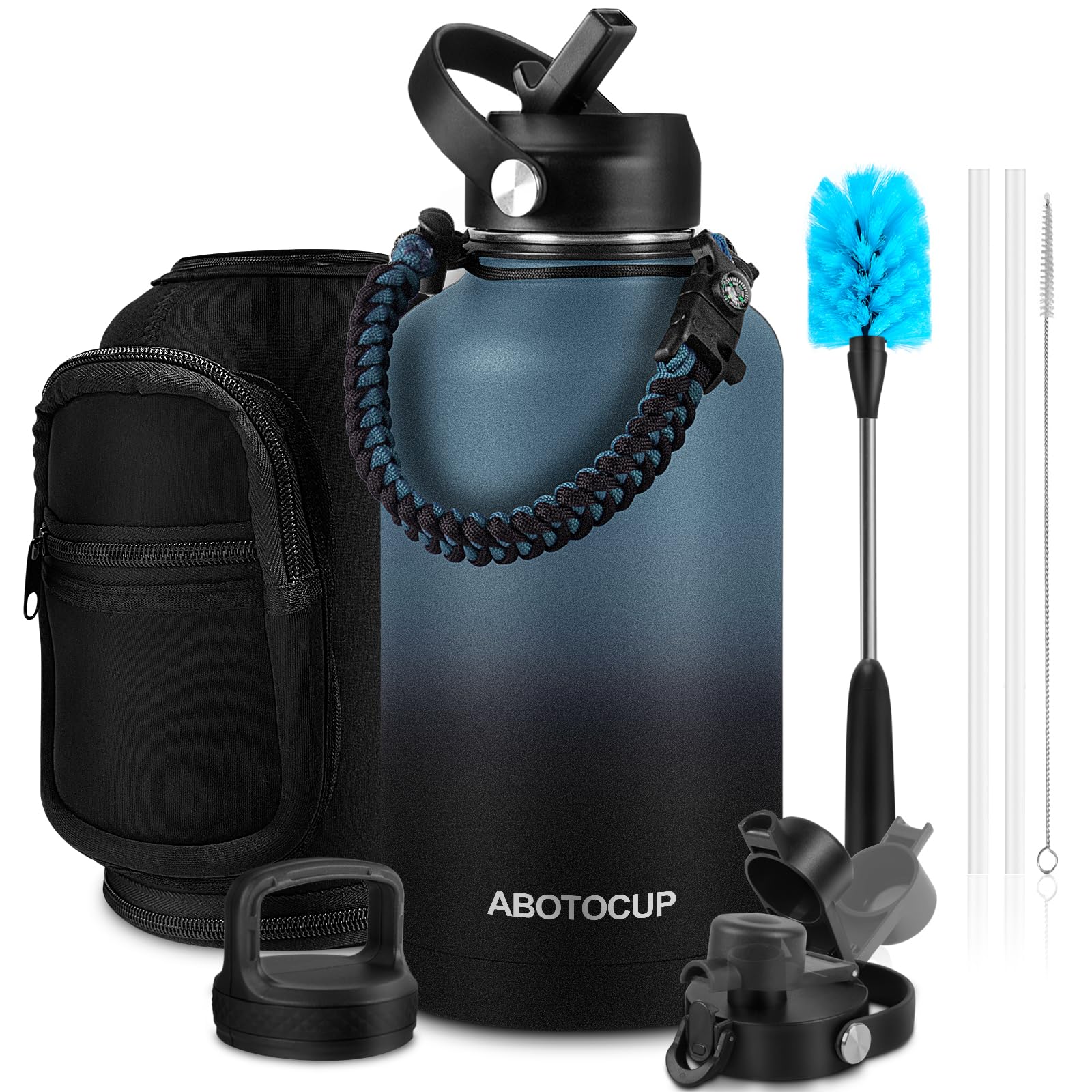 ABOTOCUP 1.8 l Wasserflasche mit pulverbeschichteter, isolierter Edelstahl-Wasserflasche mit Strohhalm-Deckeln und Paracord-Griff, Wasserflasche, doppelwandig, BPA-frei, hält kalt und heiß