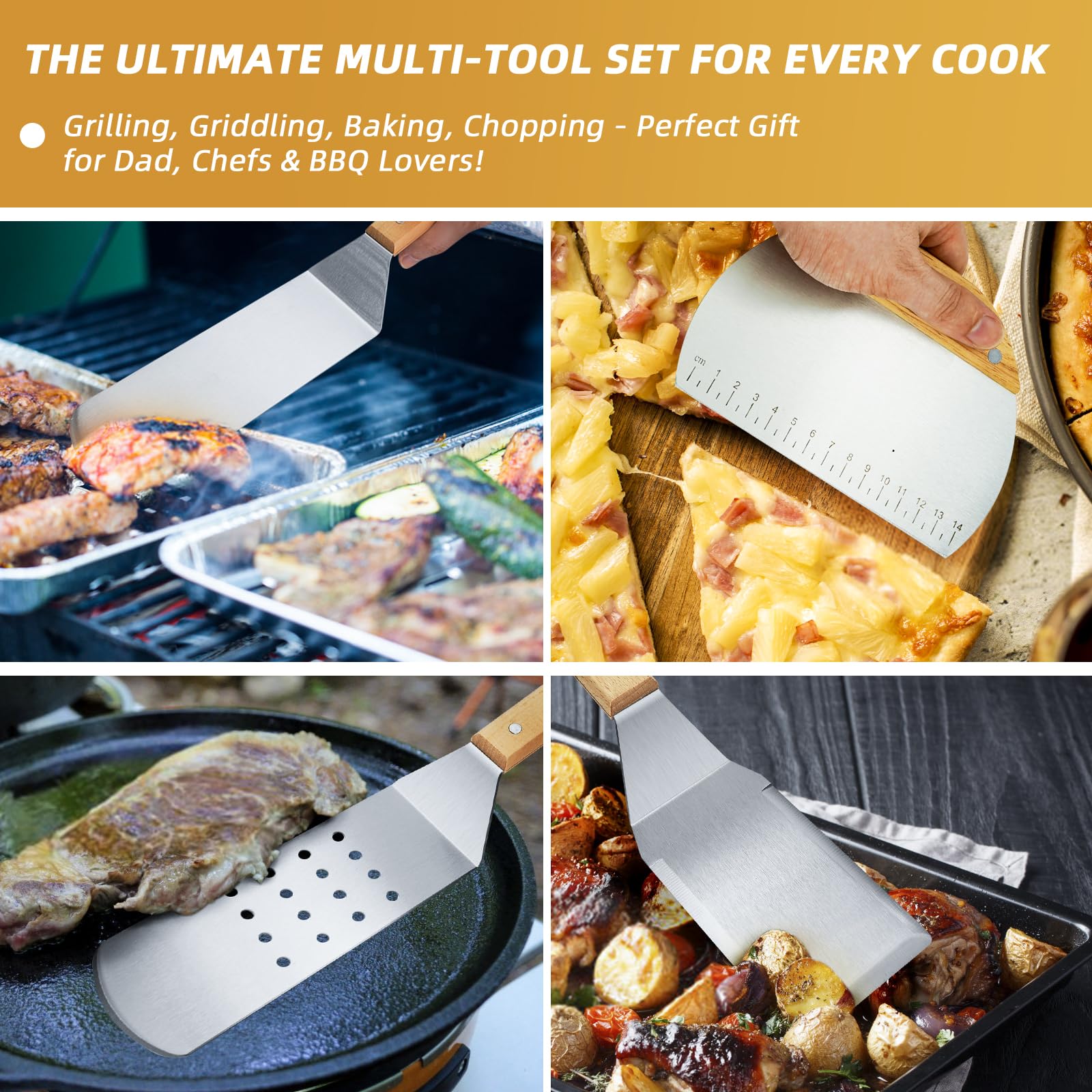 9,99€💣💣  Set di 4 spatole professionali in metallo resistente, spatole per piastra e raschietto per griglia piatta, ghisa, barbecue, hamburger, manico in legno a tutto codolo e bordo smussato, di