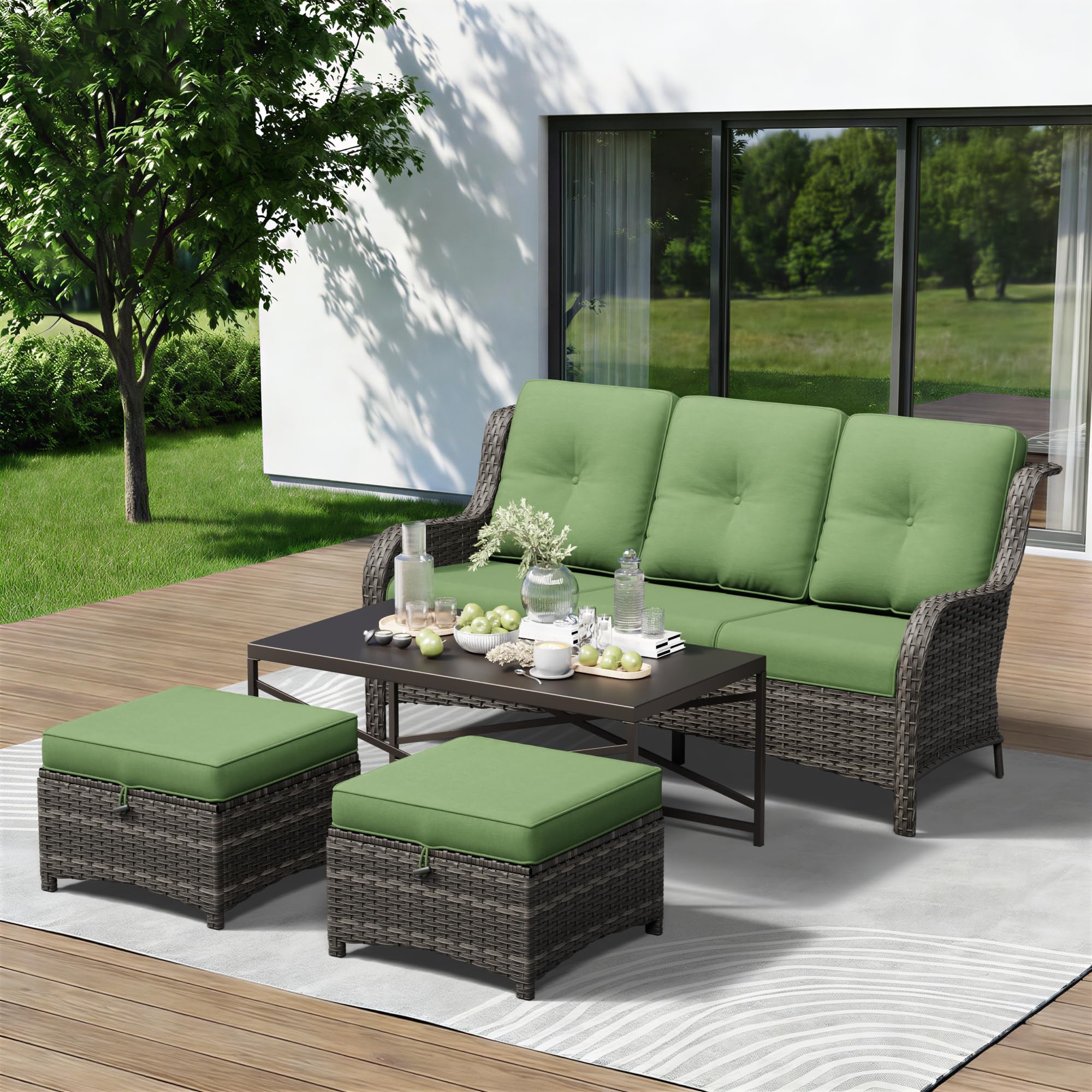 4-Piece Outdoor Couch Set, Includes Wicker Patio Sofa with Thickened Olefin Cushions, High Back and Deep Seating, Hand-Woven PE Rattan and 2 Ottomans, 1 Coffee Table for Porch, Deck