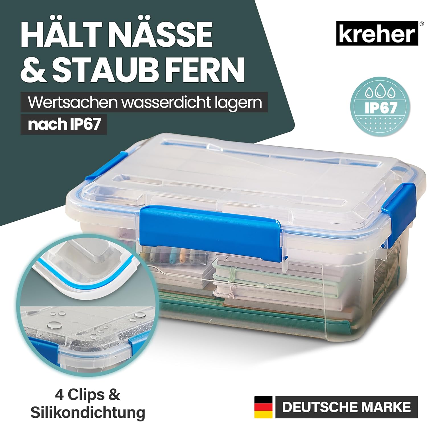 11.4 Litre Storage Box with Lid - Waterproof & Dustproof, Transparent & Stackable, BPA & Toxin-Free, Robust Plastic Box with Silicone Seal & 4 Clips (1, 11.4 Litres)