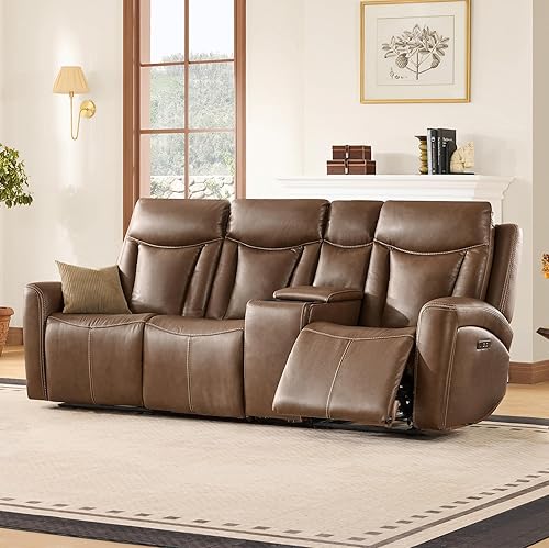 Miniatura 10 de CHITA Sofá reclinable eléctrico de cuero genuino, sofá reclinable de gravedad cero con reposacabezas y consola eléctrica, soporte para tazas,