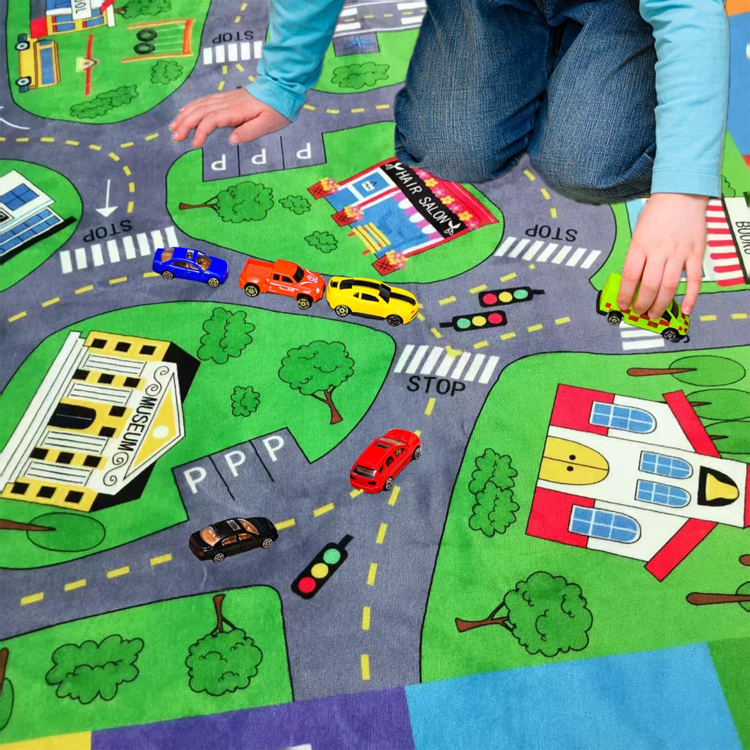 Kids Play Mat, Soft Car Track Rug Educational Playmat Nursery Rugs Children Play Area Rug City Road Traffic Playroom Bedroom,6'7" x 4'11"