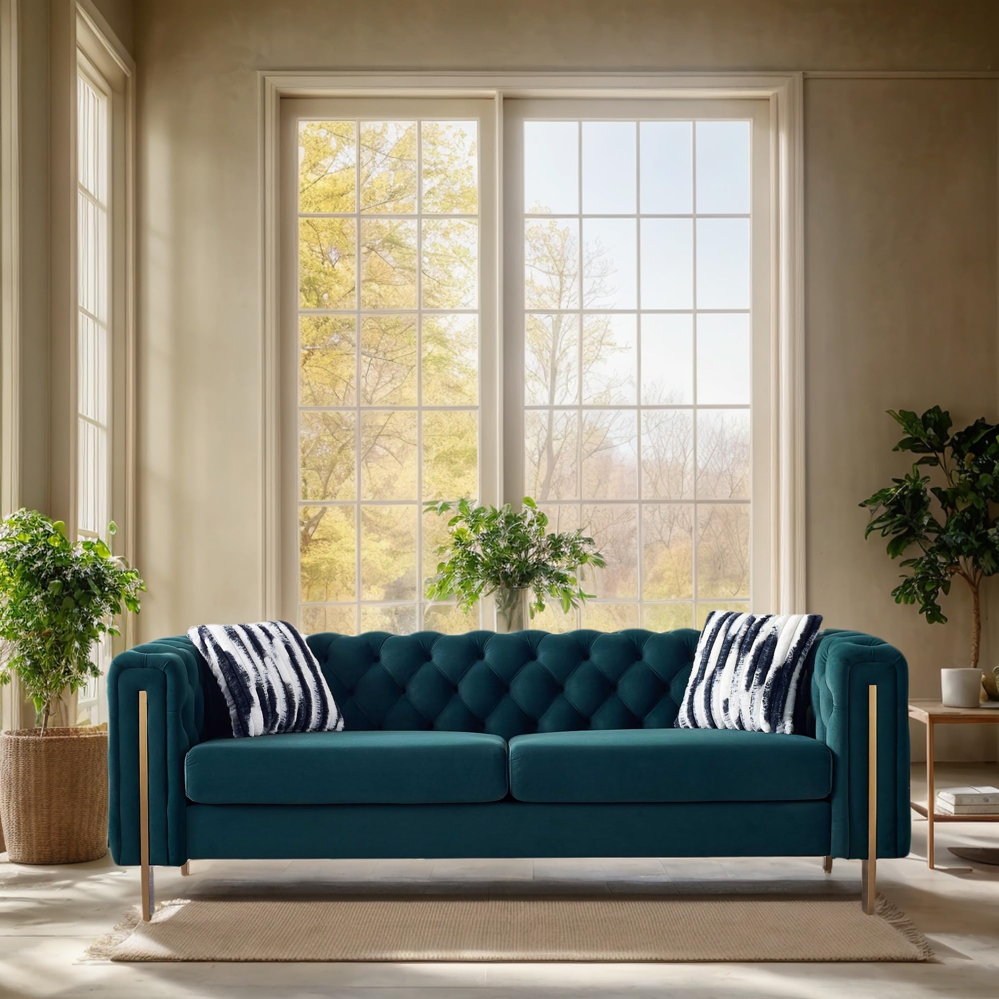KEIKI 84" Chesterfield Velvet Tufted Button Sofa with Removable Cushions and 2 Toss Pillows, Modern 3-Seater Couch with 4 Gold Metal Legs, Easy Assembly, for Living Room, Bedroom, Apartment, Green