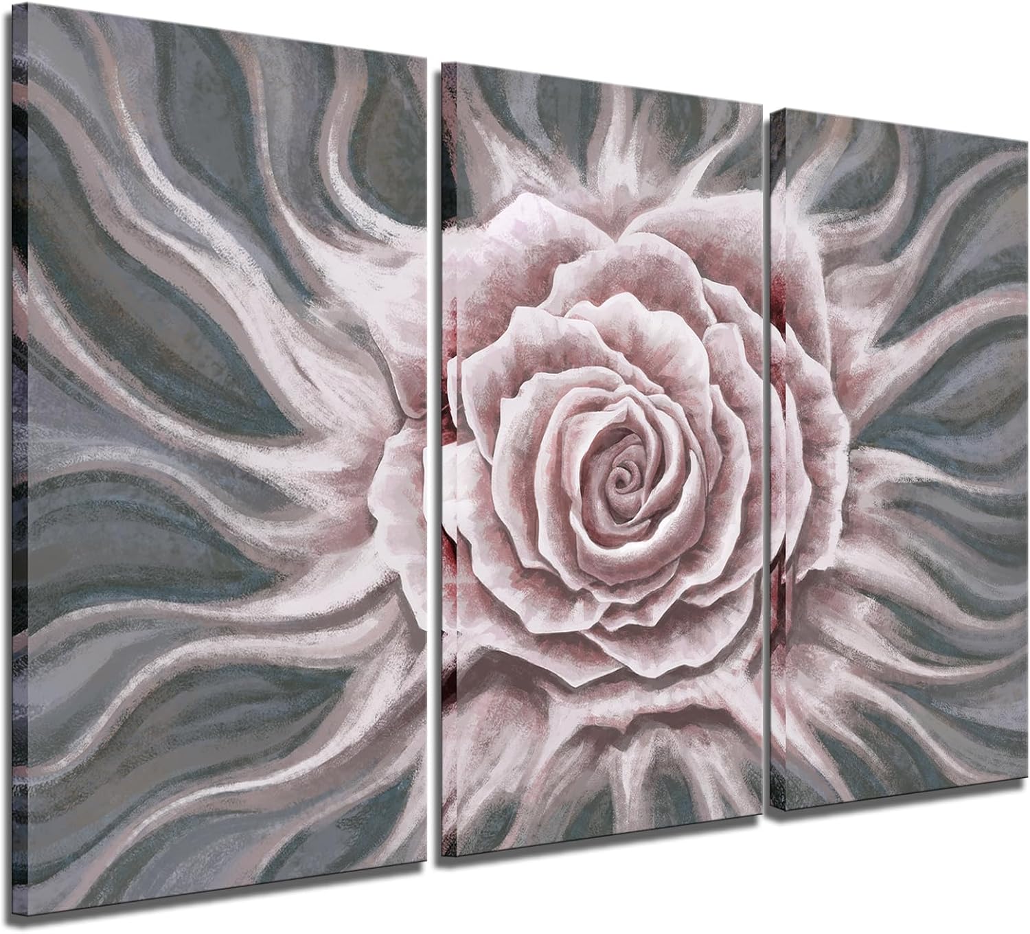 Biuteawal 3 Piece Canvas Prints Pink Flower Wall Art Bedroom Romantic Rose Floral Painting Artwork Contemporary Pink and Grey Bloom Pictures for Teen Girl Room Living Room Bathroom Decor Framed