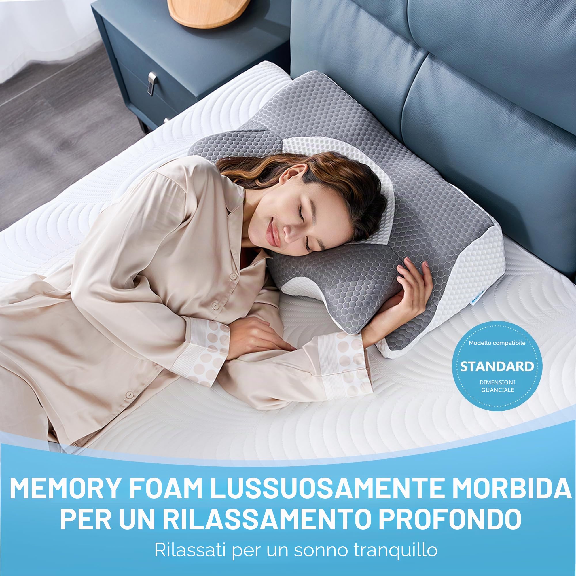 Elviros Cuscino in Memory Foam Ortopedico Cervicale per Dolore al Collo Cuscino Ergonomico per Dolore alla Spalla Cuscino di Sostegno del Collo, Bianco, 64 x 12.5/10.5 x 38 cm