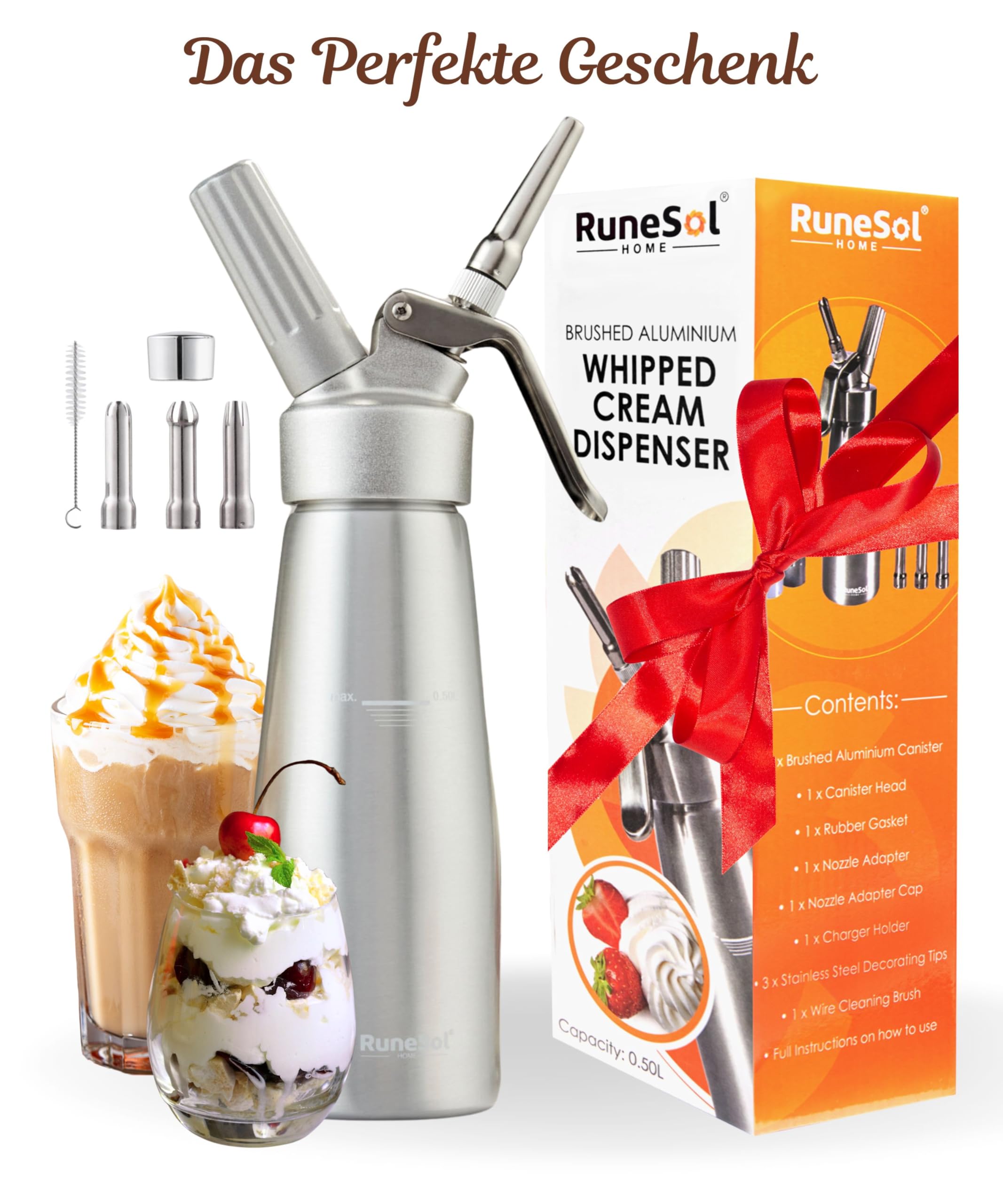 Runesol Sahnespender 500ml, Professionelle Sahnesyphon für Nachspeisen, Sahnesiphon mit 3 Edelstahl Deko-Düsen, Schlagsahne Sprühdose und Espuma Flasche, Aluminium Whipped Cream Dispenser