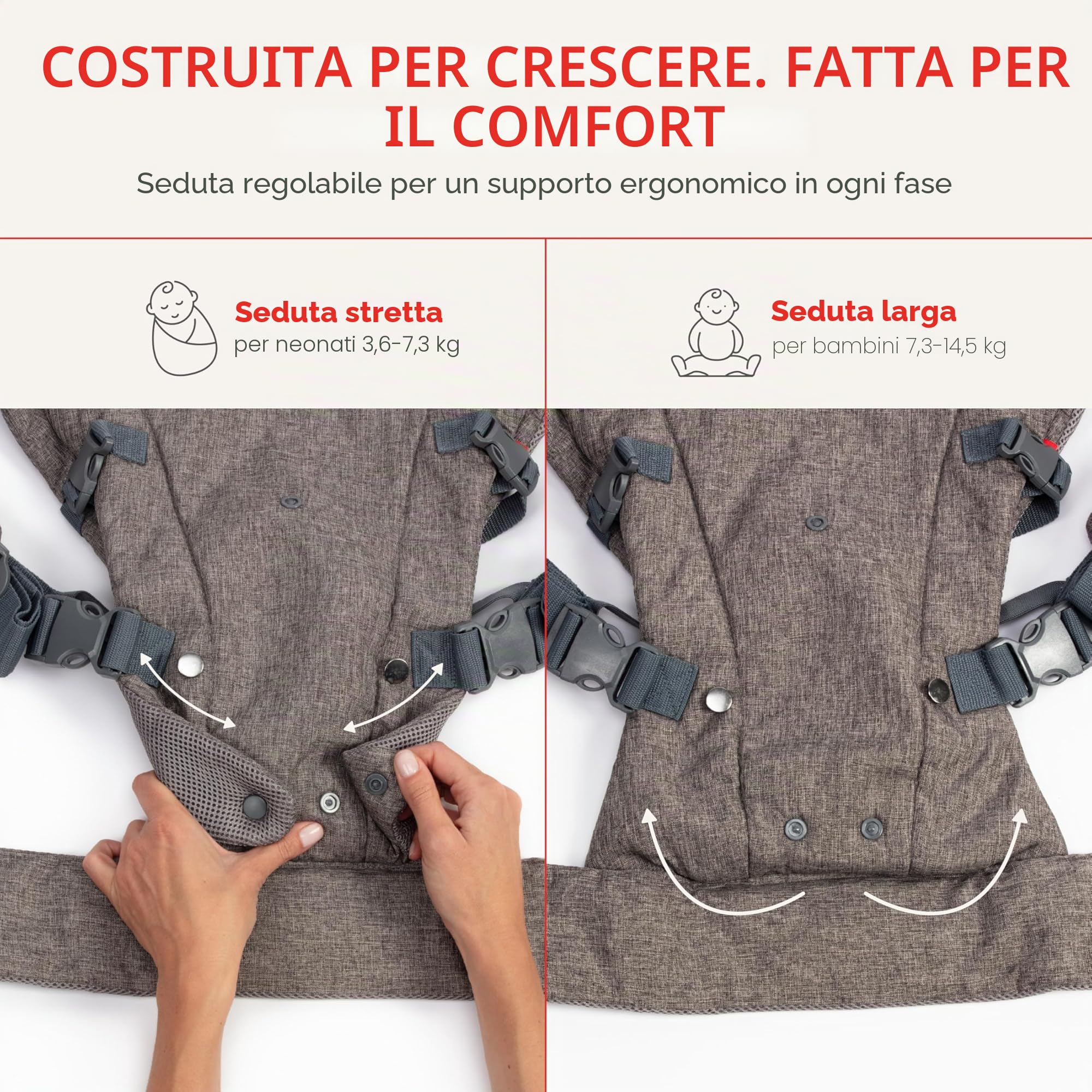 YOU+ME Marsupio neonato 0-36 Mesi (3,2–15 kg) - Marsupio bambino, Tutte le posizioni, ergonomico, regolabile e traspirante con pannelli in rete 3D e bavaglino 2-in-1 (Grigio)