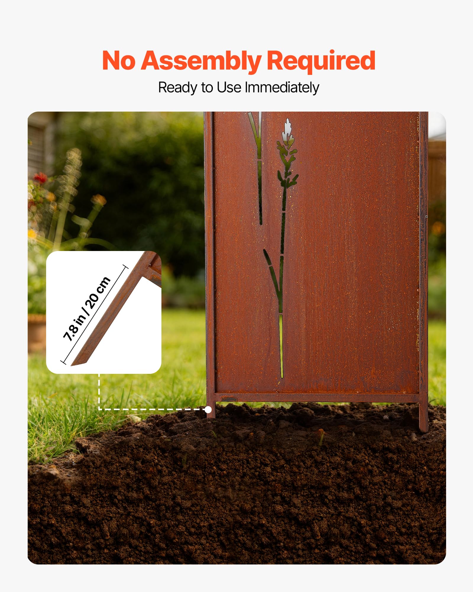 VEVOR Separador de Ambientes Metal, 50 x 160 cm, Biombo de Exterior, Paquete de 4 Piezas, Decoración Elegante, Diseño de Naturaleza, con Estacas, Pantalla de Privacidad para Jardín Patio, Marrón Óxido