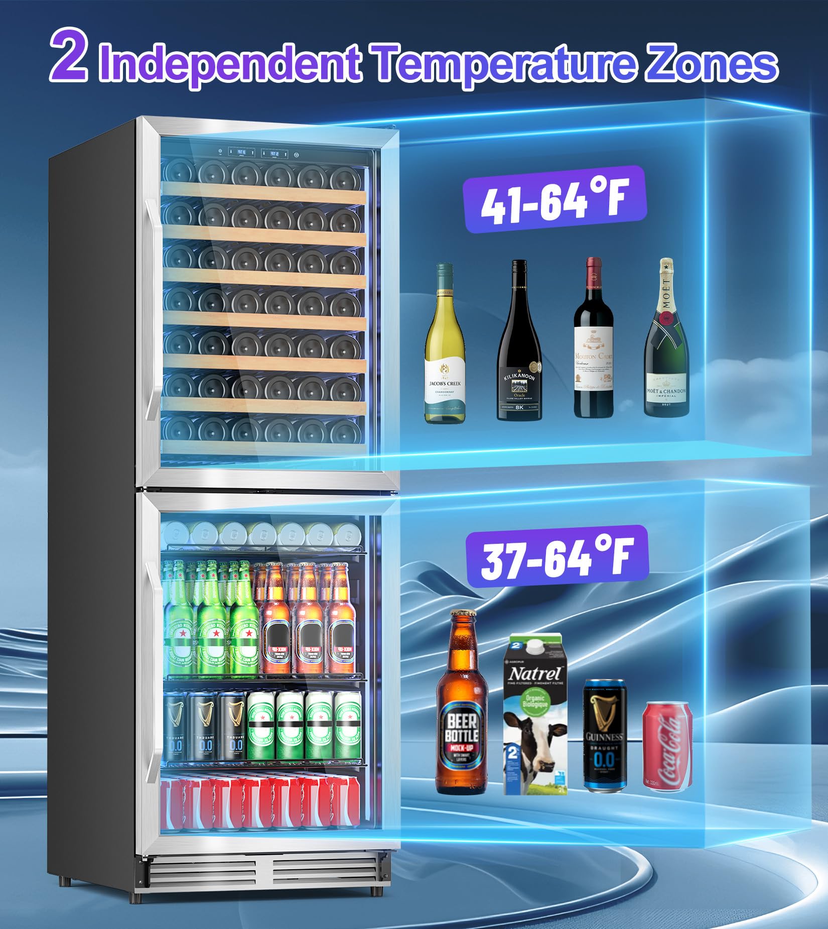 2 In 1 Wine And Beverage Refrigerator 24", Dual Zone Wine Cooler With Safety Lock, Built-In/Freestanding Beverage Cooler For 77 Bottles 150 Cans, Quiet & Constant Fast Cooling For Home Kitchen Bar on Fridge.com - View 4