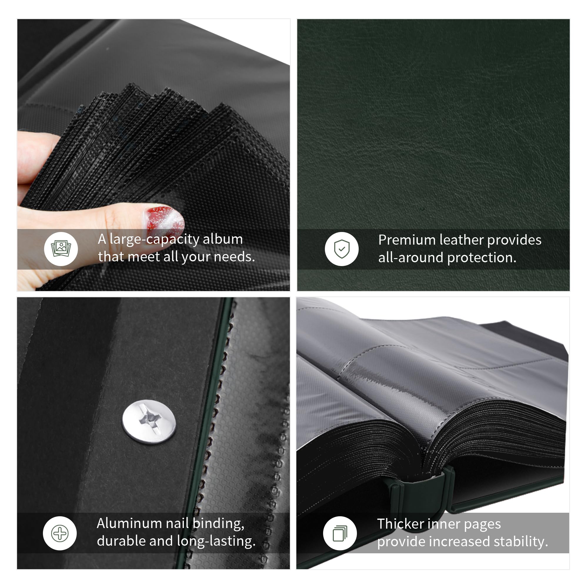 Álbum de fotos de 6 x 4 pulgadas, 600 bolsillos, color verde oscuro, gran capacidad, tapa de piel, para fotos horizontales y verticales de solo 10 x 15 cm