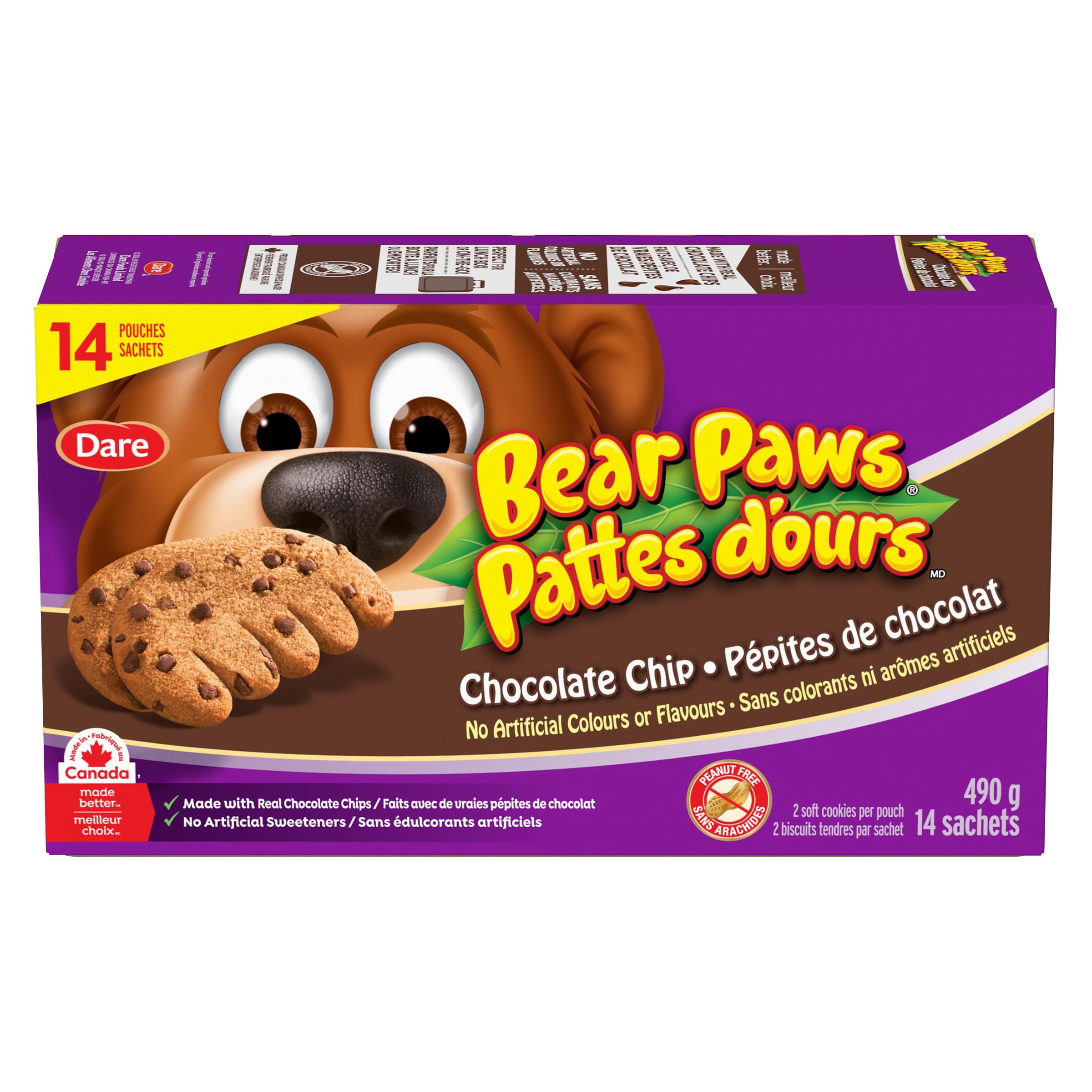 Bear Paws Chocolate Chip Cookies - Soft Cookie Snack Packs, School Snacks, Made With Real Chocolate Chips, Peanut Free, Family Pack, 490g, 14 Pouches - 2