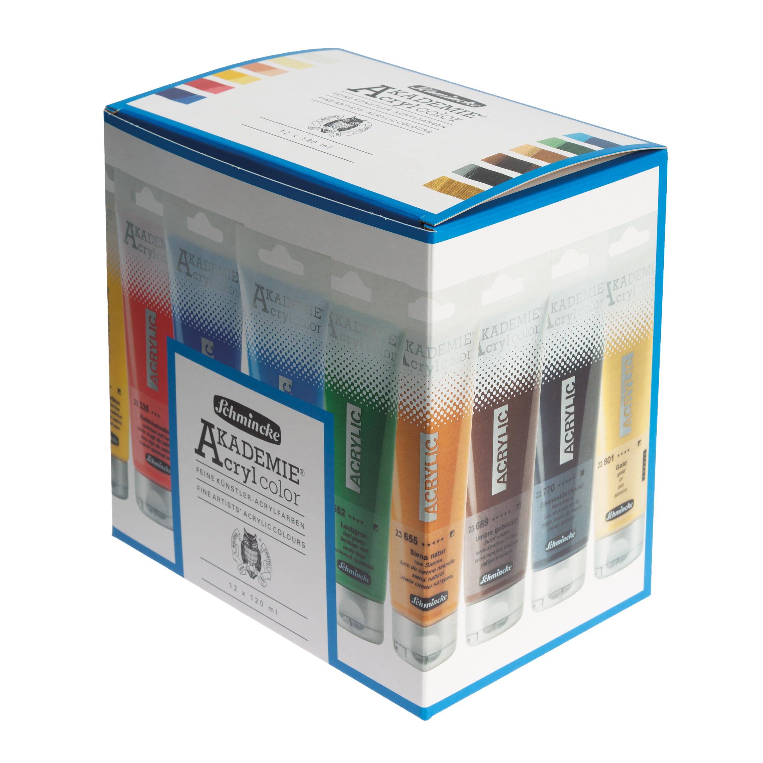 Schmincke AKADEMIE® 76 780 097 - Lote de 12 tubos de 120 ml, 12 colores brillantes y resistentes a la luz, colores acrílicos finos para artistas, sin cadmio, ideal para mezclar