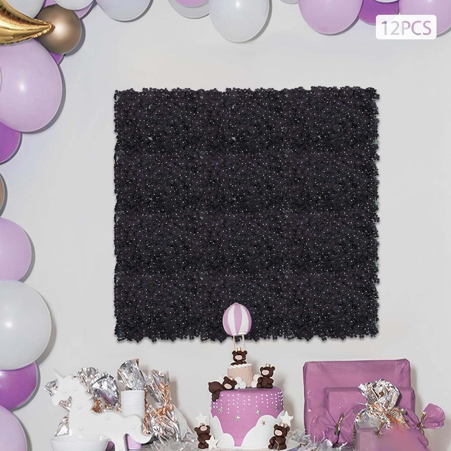 12pcs Black Artificial Flowers Wall Panels, 23.62*15.75in Silk Cloth Plastic Hydrangea Decor Backdrop, Handmade Fake Floral Background for Wedding, Photography Building, Clothing Store, Home