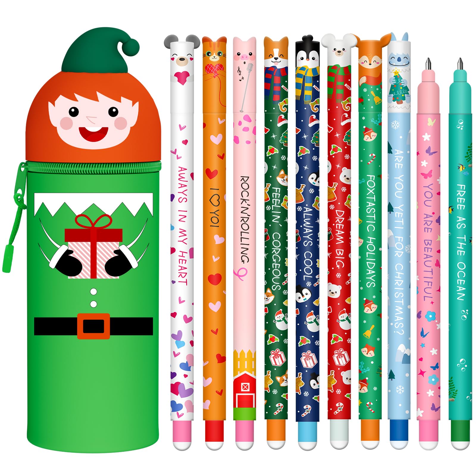 Radierbare Gelstifte Set + Kawaii Federmäppchen - Thermo-Tinte & Niedliche Tier-Designs