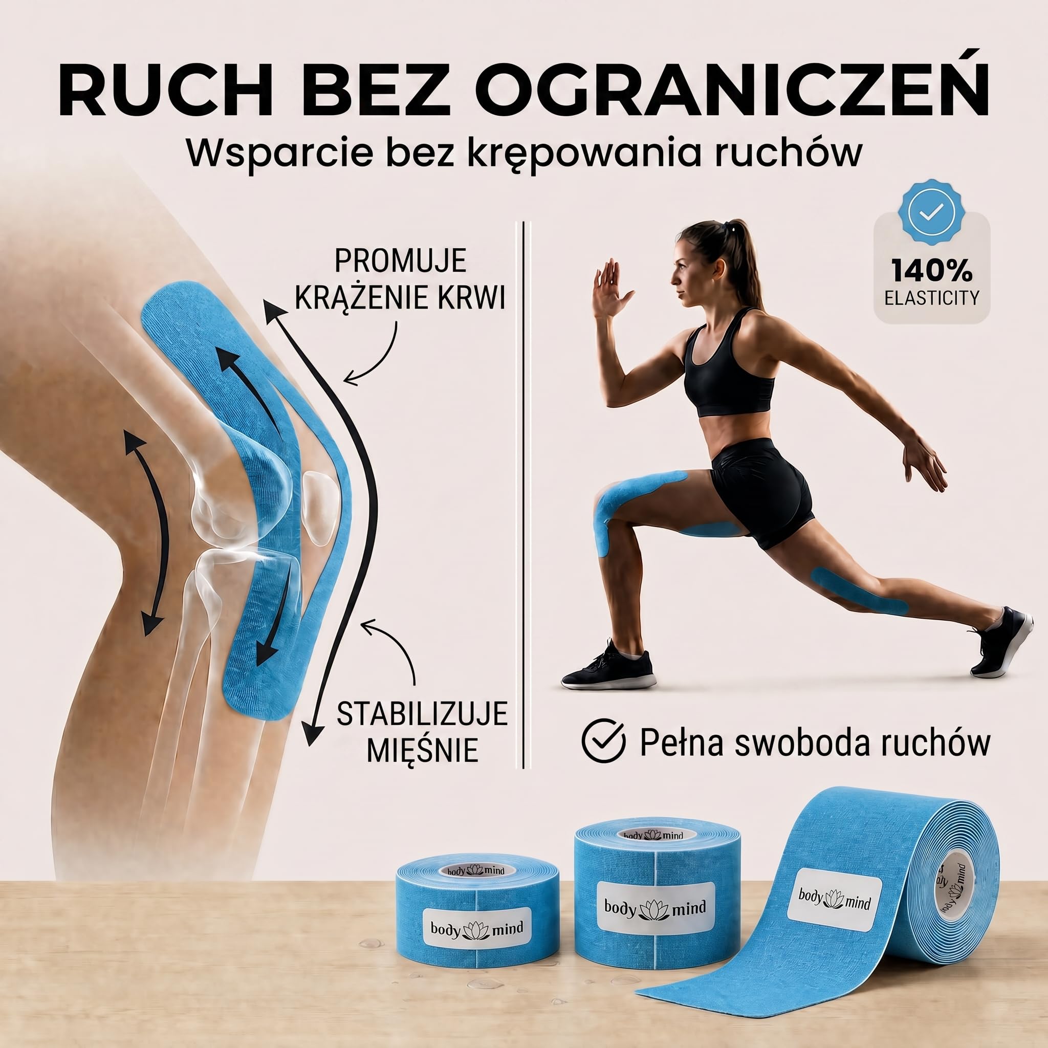 Body & Mind® Taśma Kinezjologiczna 5 m – 2,5/5/10 cm, Hipoalergiczna | Wodoodporna taśma kinesio do kolana, barku i pleców – 6 kolorów, rozciągliwość do 140%