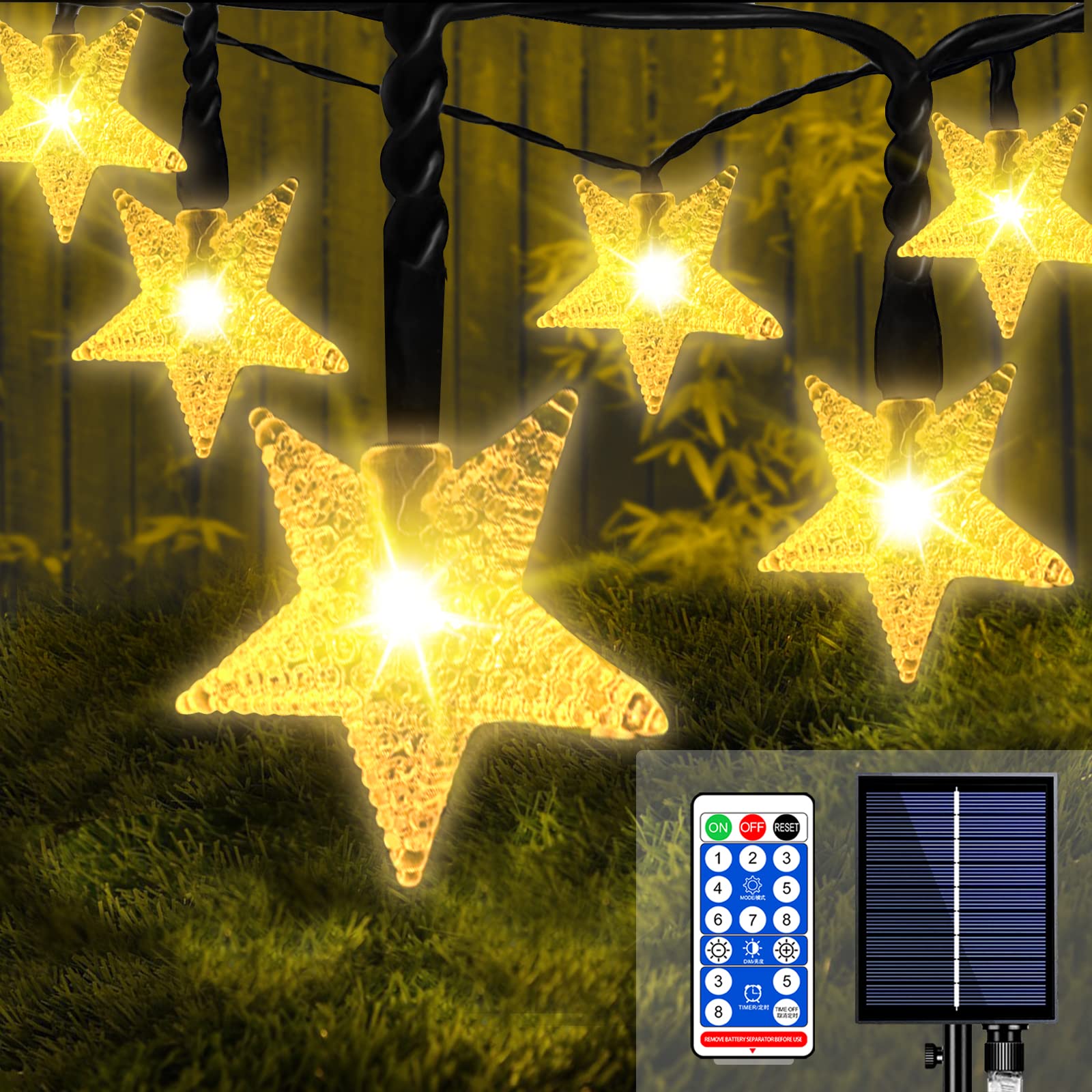 DecuteSolar String Lights Outdoor, 100 LED 49ft Star Solar Fairy Lights IP65 Waterproof with Remote, 8 Modes Connectable Solar Christmas Lights for Garden Yard Patio Party Decor, Warm White