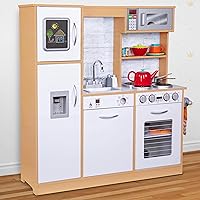 Vista 7 de Lil' Jumbl Kids Kitchen Set, Pretend Wooden Play Kitchen, Battery Operated Icemaker & Microwave with Realistic Sound, Pots & Pan Included - Natural