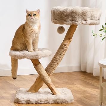 Natural Wood Cat Tree for Indoor Cats Small to Medium Up to 12lbs, 33in Modern Cat Tree Tower with Super Soft Plush Cat Bed & Perch, Sisal Scratching Posts and Hanging Plush Ball, Soft Khaki