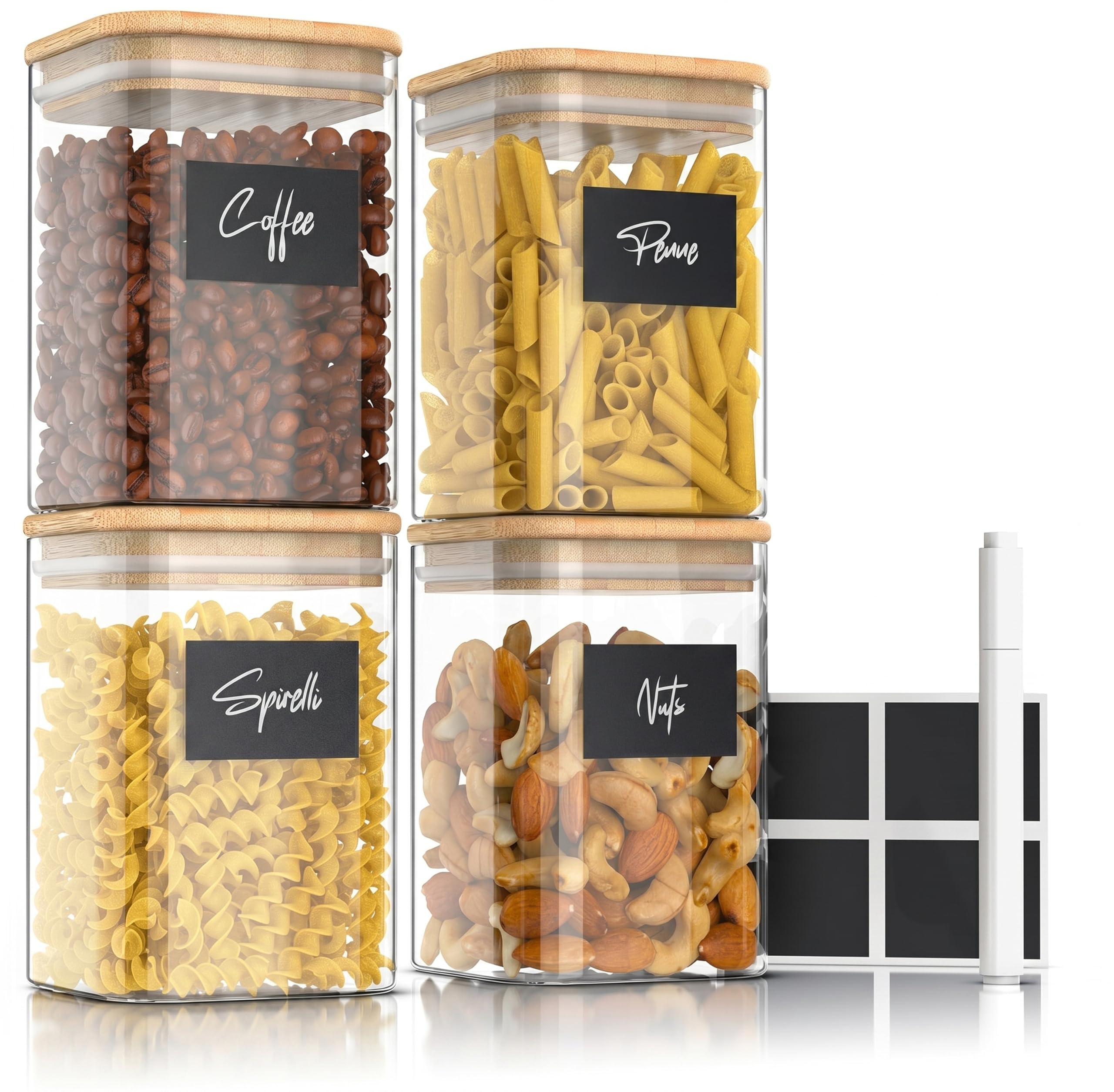Arendo - Vorratsgläser mit Deckel - 4er Set - Glasbehälter aus Glas – hitzebeständig – Vorratsdosen mit Bambusdeckel - luftdicht - für Müsli Zucker Mehl Kaffee Reis