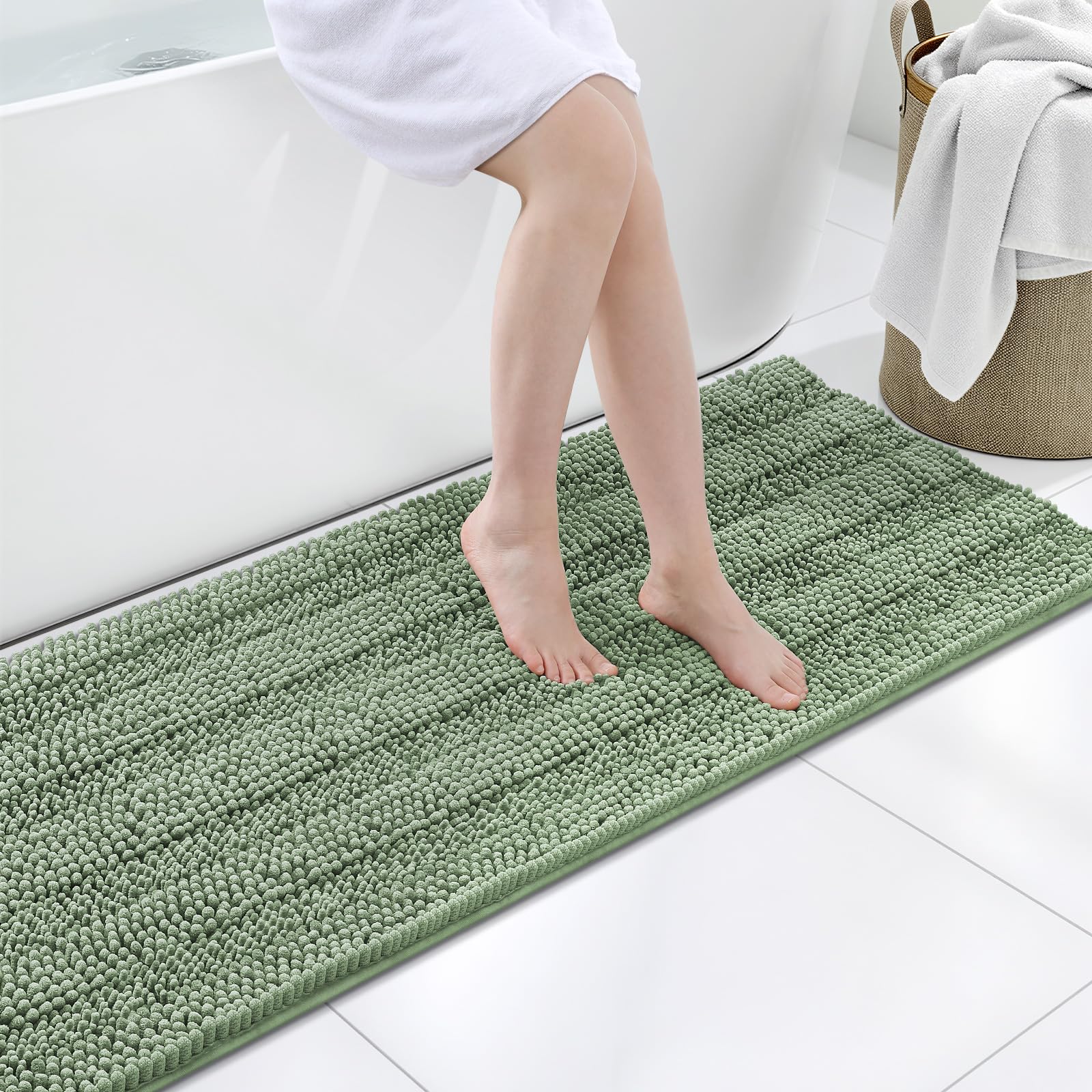 Grandaily Chenille Bathroom Rugs 59x20, Soft Bath Mats, Grayish Green