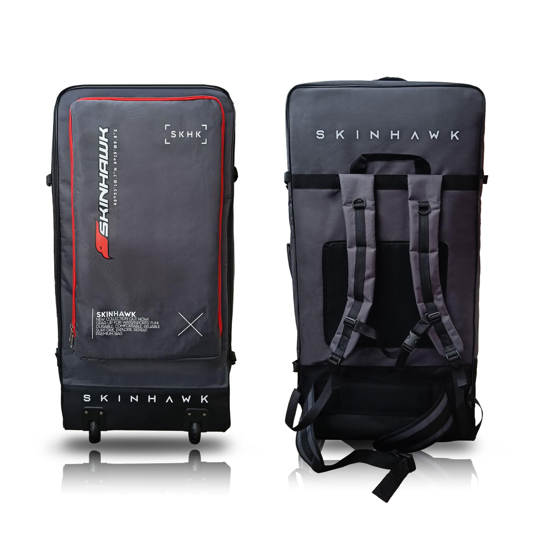 Skinhawk SUP Board Bolsa con ruedas – Mochila para tabla de surf de remo de 90 x 45 x 30 cm – Bolsa de transporte resistente de tela 1680D – Acolchado resistente a desgarros con correas ajustables y