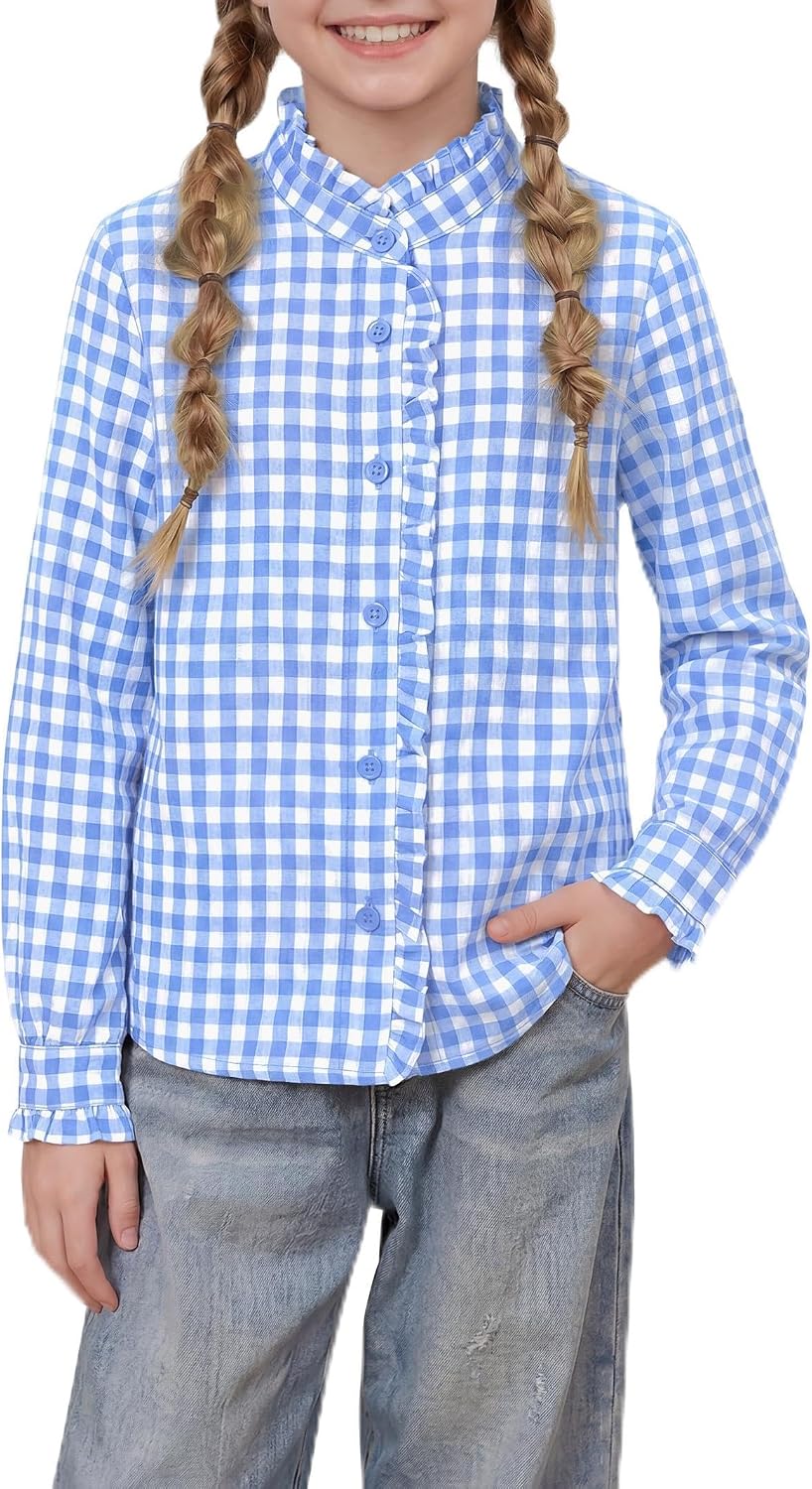 XMWEALTHY Girls Plaid Button Down Shirts Long Sleeve Western Ruffle Collared Shirt Kids Blouse Tops 5-14 Years