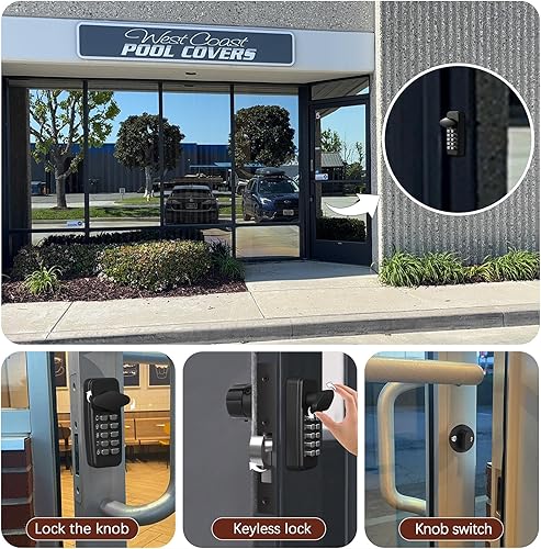 Miniatura 5 de Cerradura de entrada de aluminio 100% sin llave, cerradura de entrada de aluminio sin taladro, cerrojo giratorio para puertas de vidrio (negro,