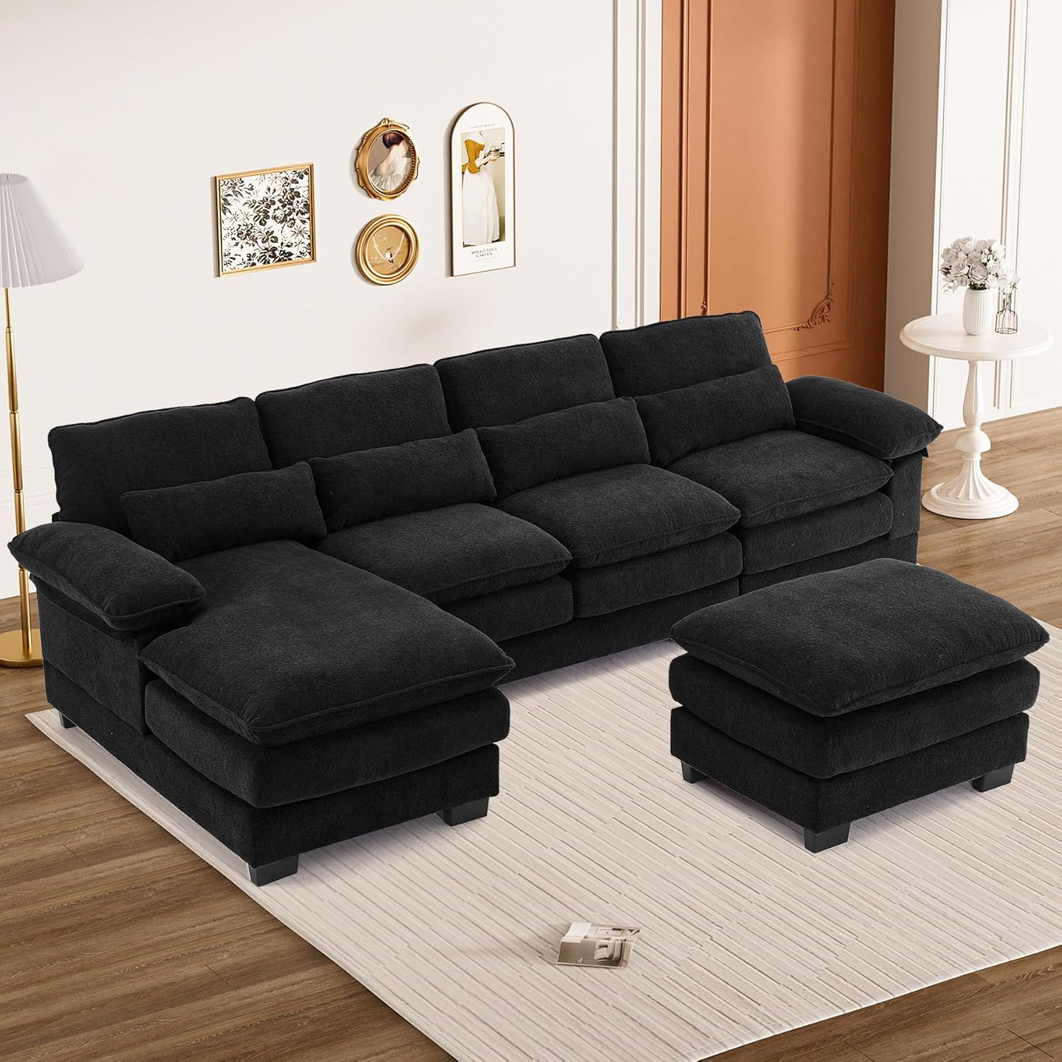 U Shape Sectional Sofa Cloud Couch for Living Room, 114" Comfy Chenille Modular Sectional Sofa, Modern Upholstered 4 Seat L Shape Couch with Lounge Chaise Ottoman Pillows, Black