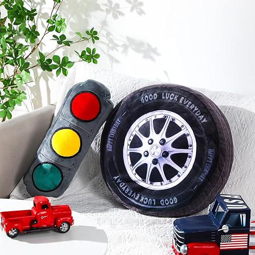 Juego de 2 almohadas de carreras de 15.7 pulgadas, grande, creativa, 3D, rueda de simulación, divertido cono, semáforo y señal de parada, suave para
