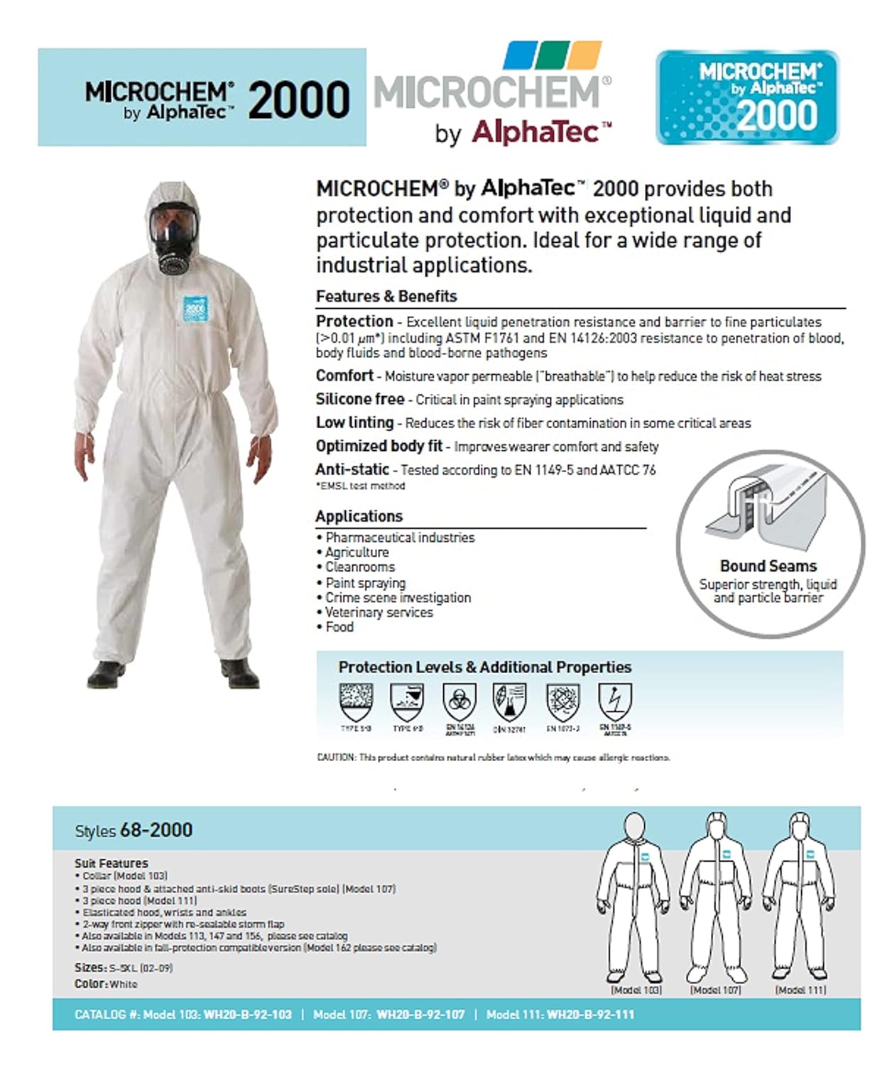 Ansell Healthcare WH20-B-92-177-09 MICROCHEM by AlphaTec Series 2000 Comfort Coverall with Collar, Breathable SMS Back Panel, 5X-Large, White (Pack of 25)