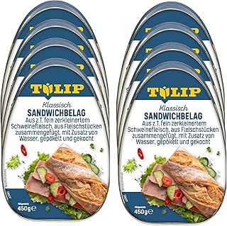 TULIP 8x 450 g Sandwichbelag aus Schweinefleisch | Frühstücksfleisch in Dosen | Zartes Fleisch in der Konserve | Saftiger Brotbelag | Ideal für Ihre Sandwich-Kreationen