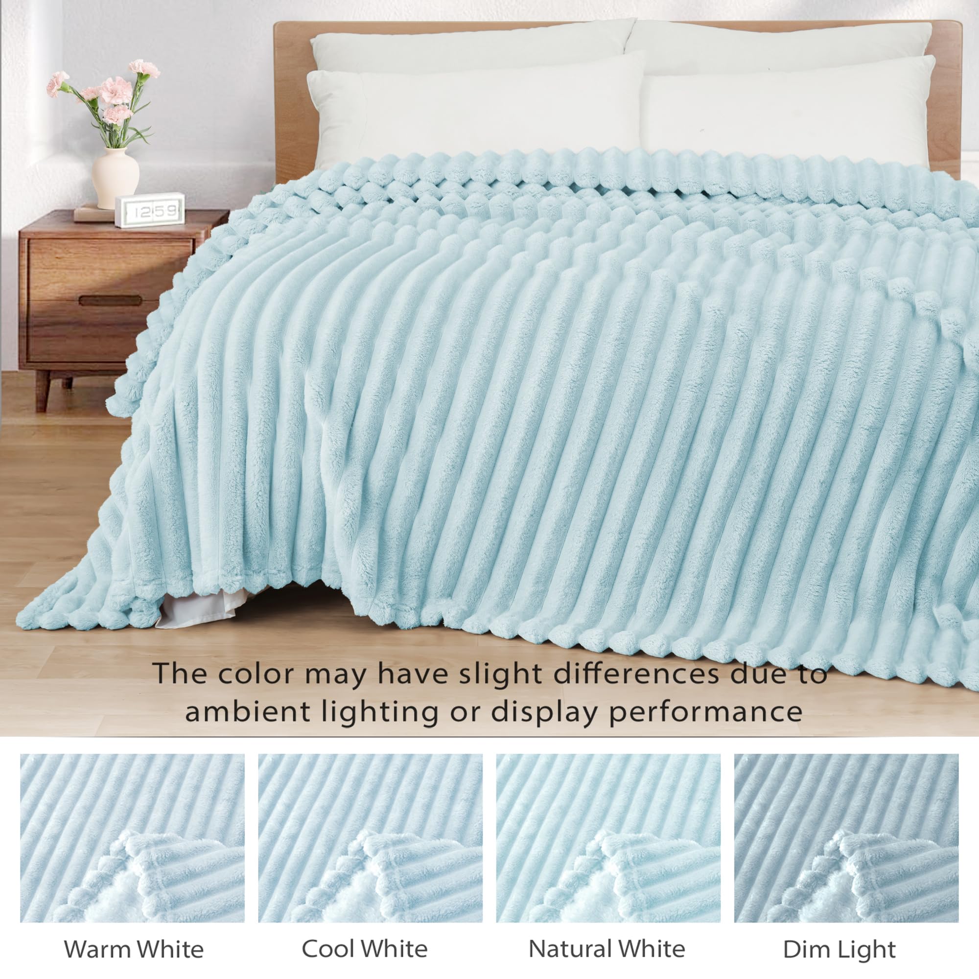 Exclusivo Mezcla Coperta Plaid Pile di Flanella per Divano, 130x150 CM Coperta Letto Singolo con Righe Jacquard, Accogliente e Leggero, Azzurro