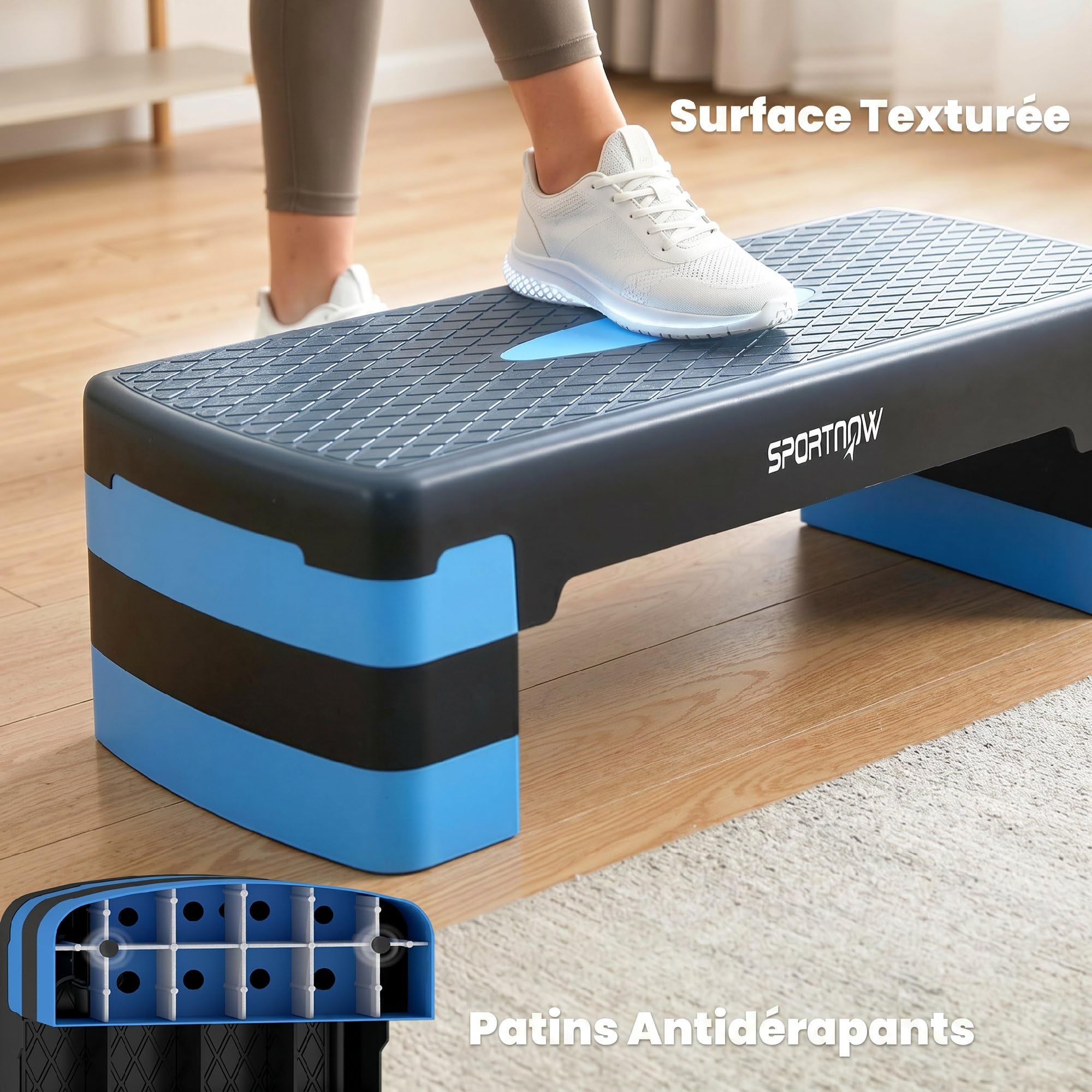 SPORTNOW Stepper Fitness Aérobic 3 Niveaux, Hauteur Réglable 10/15/20 cm avec Rehausses, Surface Antidérapante, Charge 150 kg, Stepper Aérobic pour Maison et Salle de Sport, Bleu