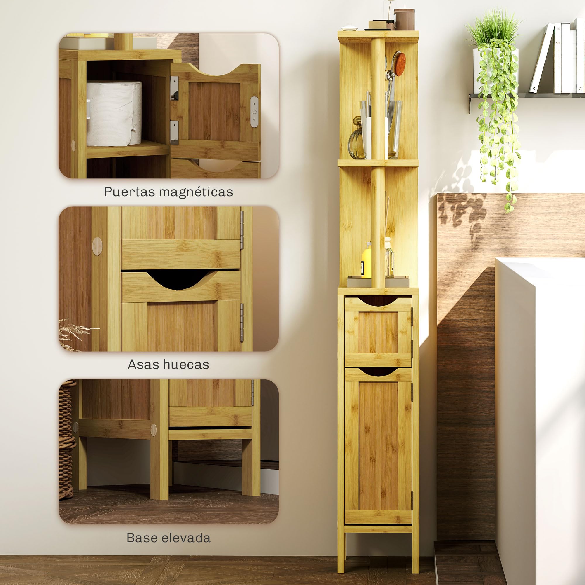 HOMCOM Columna de Baño Mueble de Baño Moderno con Puertas y Estantes Abiertos 18x30x120 cm Natural