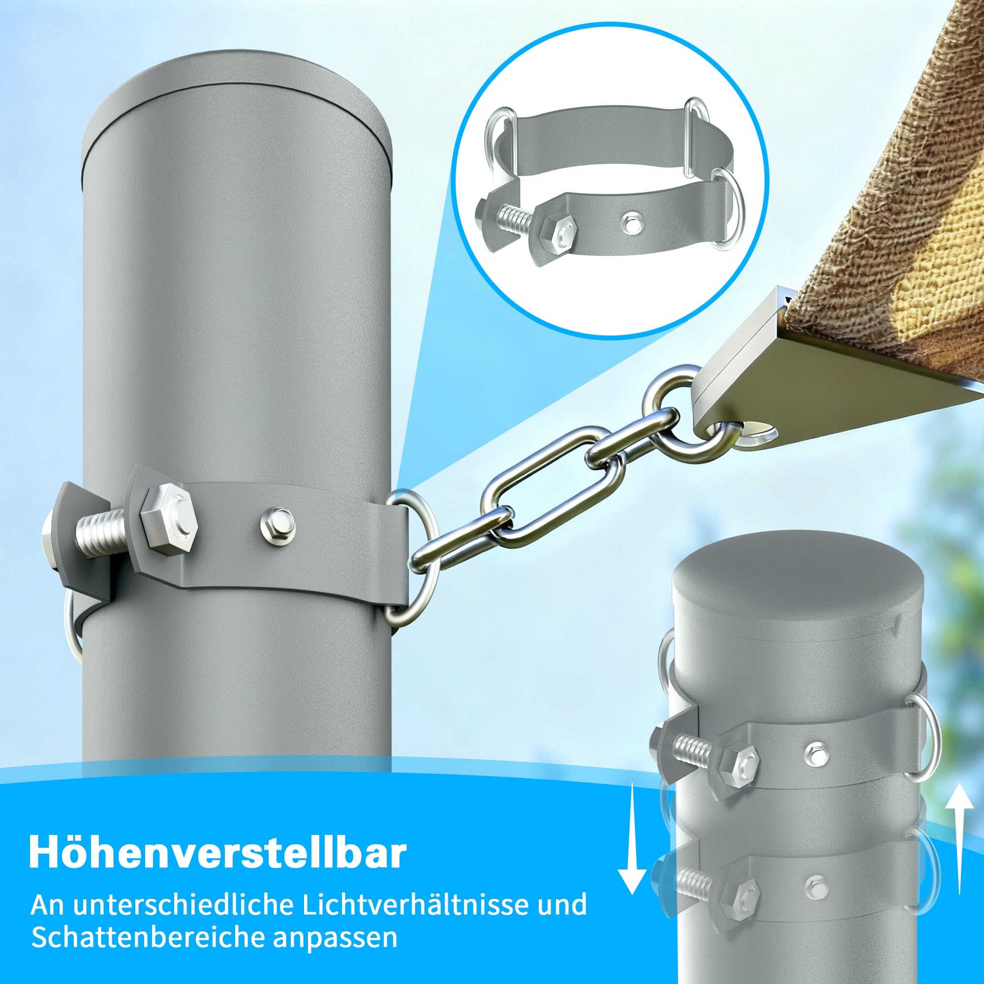 3,6 M Sonnensegel Mast, ⌀60mm Höhenverst pfosten inkl. D-Ring, 2er | für Terrasse, Garten, Pool, Sonnensegel pfosten ⌀60x3mm, rostfrei, wetterfest, verst. Stahlrohr, schnell montiert