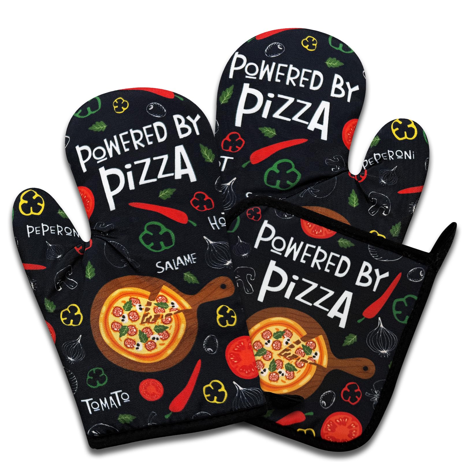 Funny Oven Mitts and Pot Holders Set of 3, Powered by Pizza, Heat Resistant Non-Slip Kitchen Mitts Hot Pads, Pizza Lover Gifts, Christmas Baking Gifts for Women Hostess Mom Wife Chef Baker