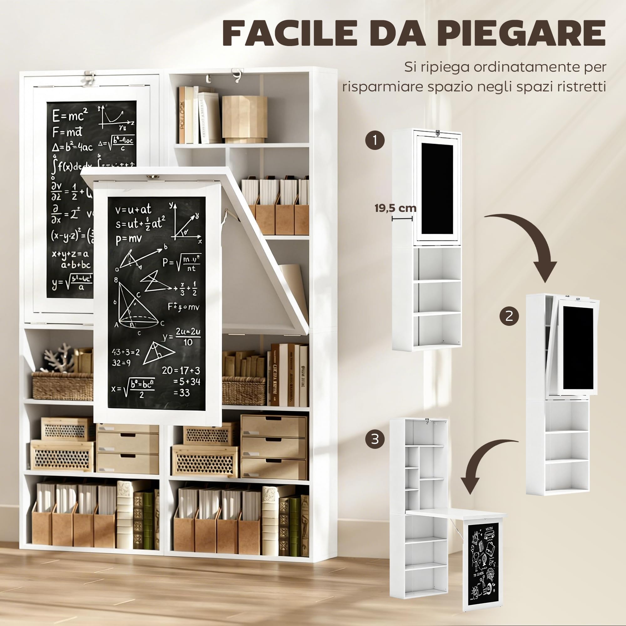 HOMCOM Scrivania con Libreria e Lavagna, Scrivania Salvaspazio con Piano Pieghevole in Legno di Pino, Tavolo da Lavoro con Ripiani Regolabili, per Cameretta, Studio, Ufficio, 98x51x153 cm, Bianco