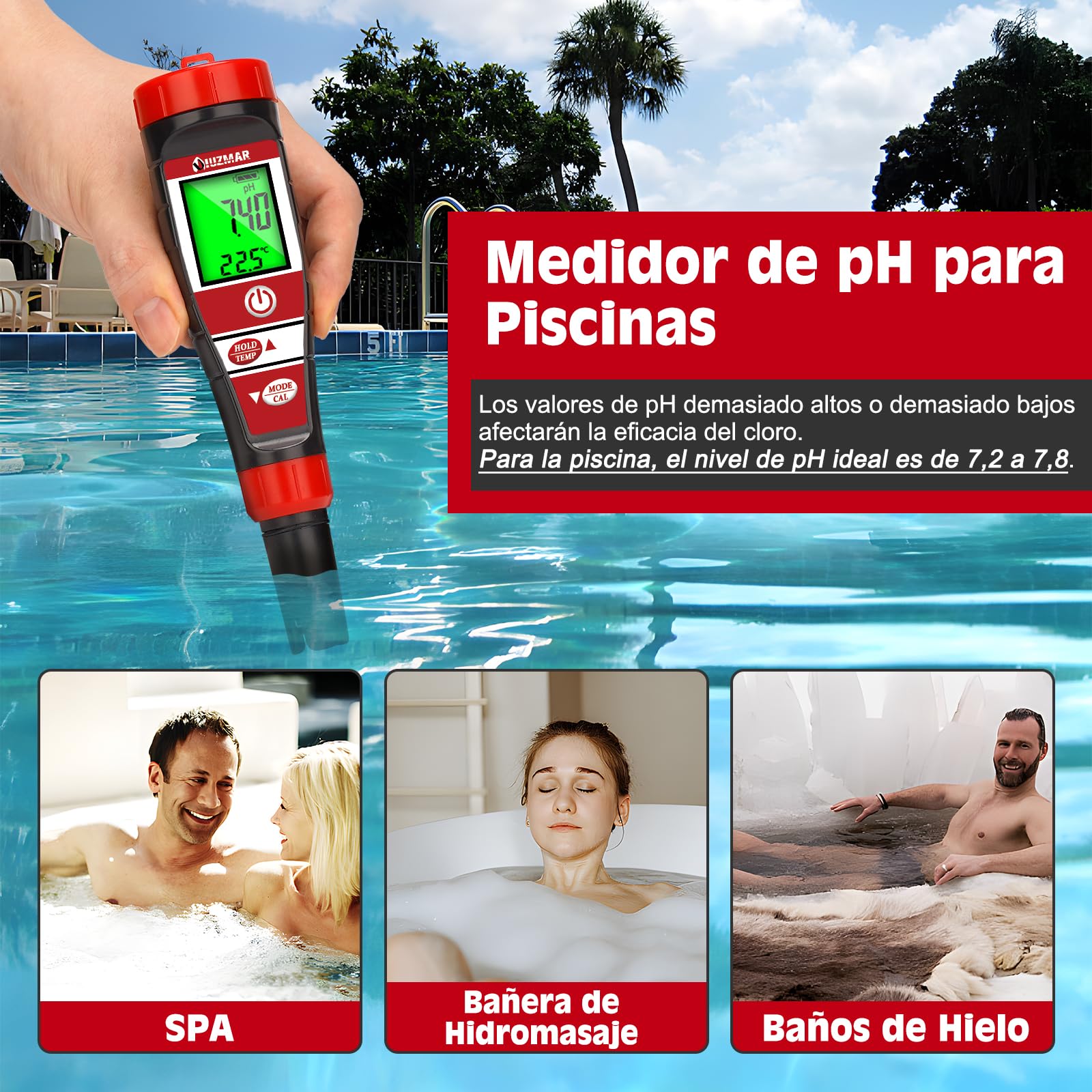 Medidor de TDS y pH para Hidroponia, Medidor Digital de pH EC Agua, 4 en 1 Medidor de pH/EC/TDS/Temp, Medidor de pH y Conductividad con Solución de Calibración 1413 para Piscina, Spa, Acuarios