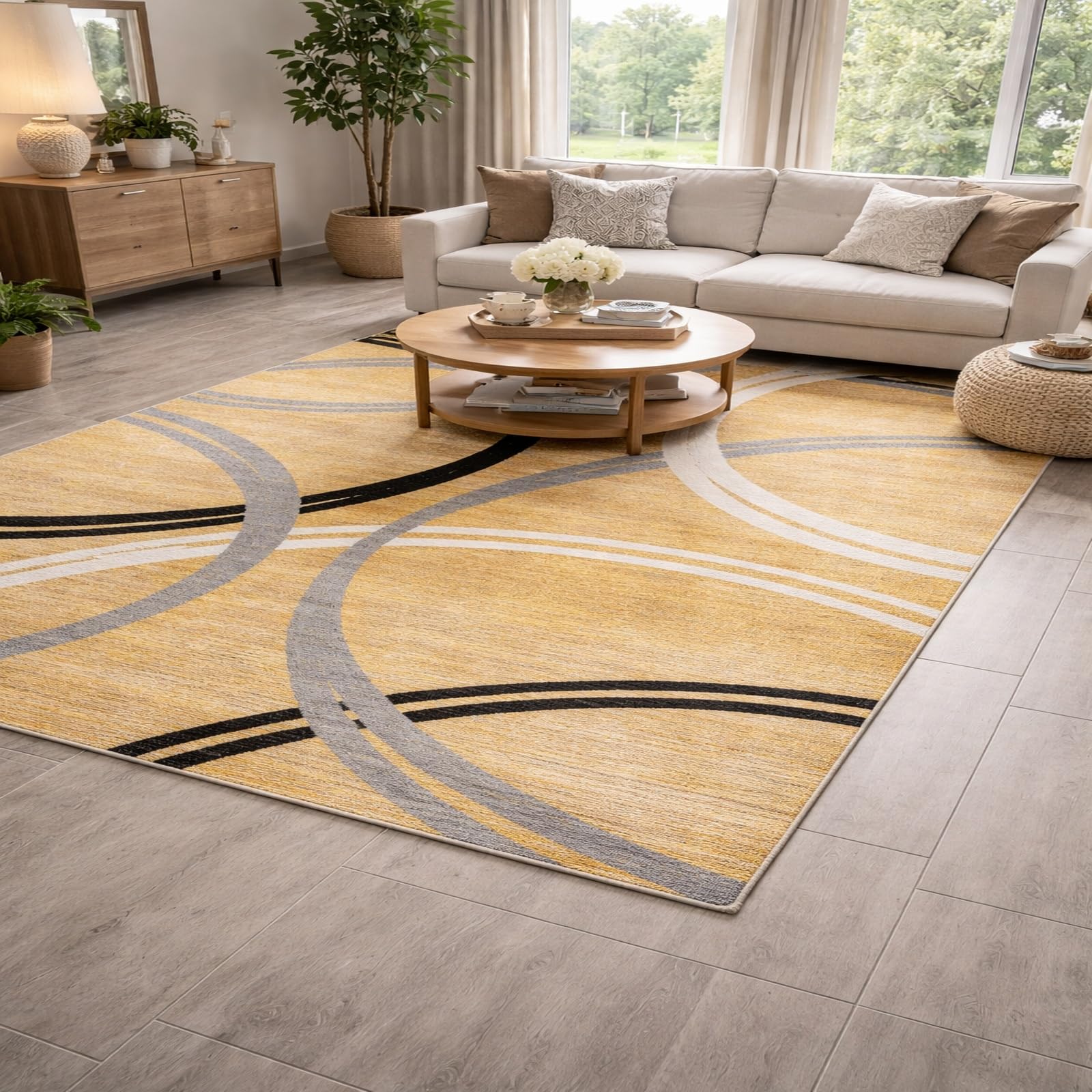 Generico Tappeto Quadrato,Moderno Ocra Senape Giallo, grigio, nero, bianco, 150 x 150 cm, Corridoio, Camera Da Letto, Cucina, Soggiorno, Ufficio Casa,
