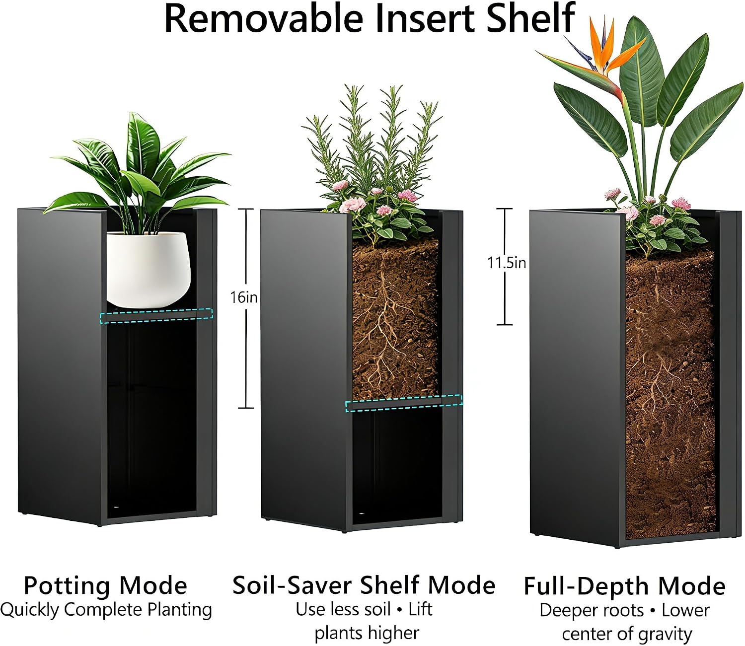 2 Pcs Tall Metal Planters for Outdoor Plants,14" L x 14" W x 30" H Heavy Duty Planters Box with Removable Insert Shelf Modern Decorative Planter for Patio Porch Backyard Commercial,Black