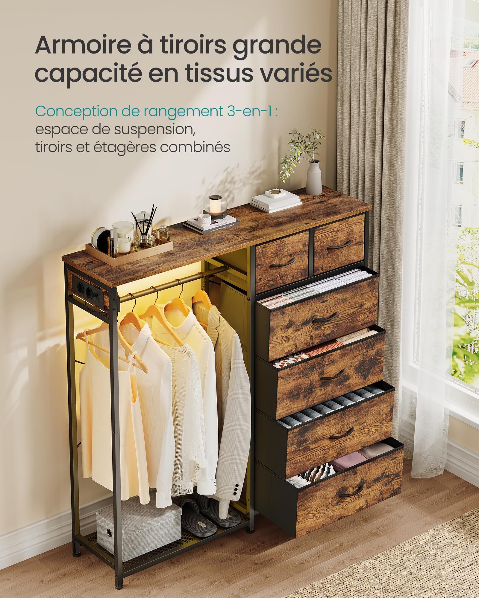 SONGMICS Portant à Vêtements avec 6 Tiroirs, Vestiaire avec Éclairage LED et Prises, Étagère à Chaussures, pour Chambre et Entrée, 102,7 x 35 x 117,6 cm, Marron Rustique, Collection BELLAH LGS523K102