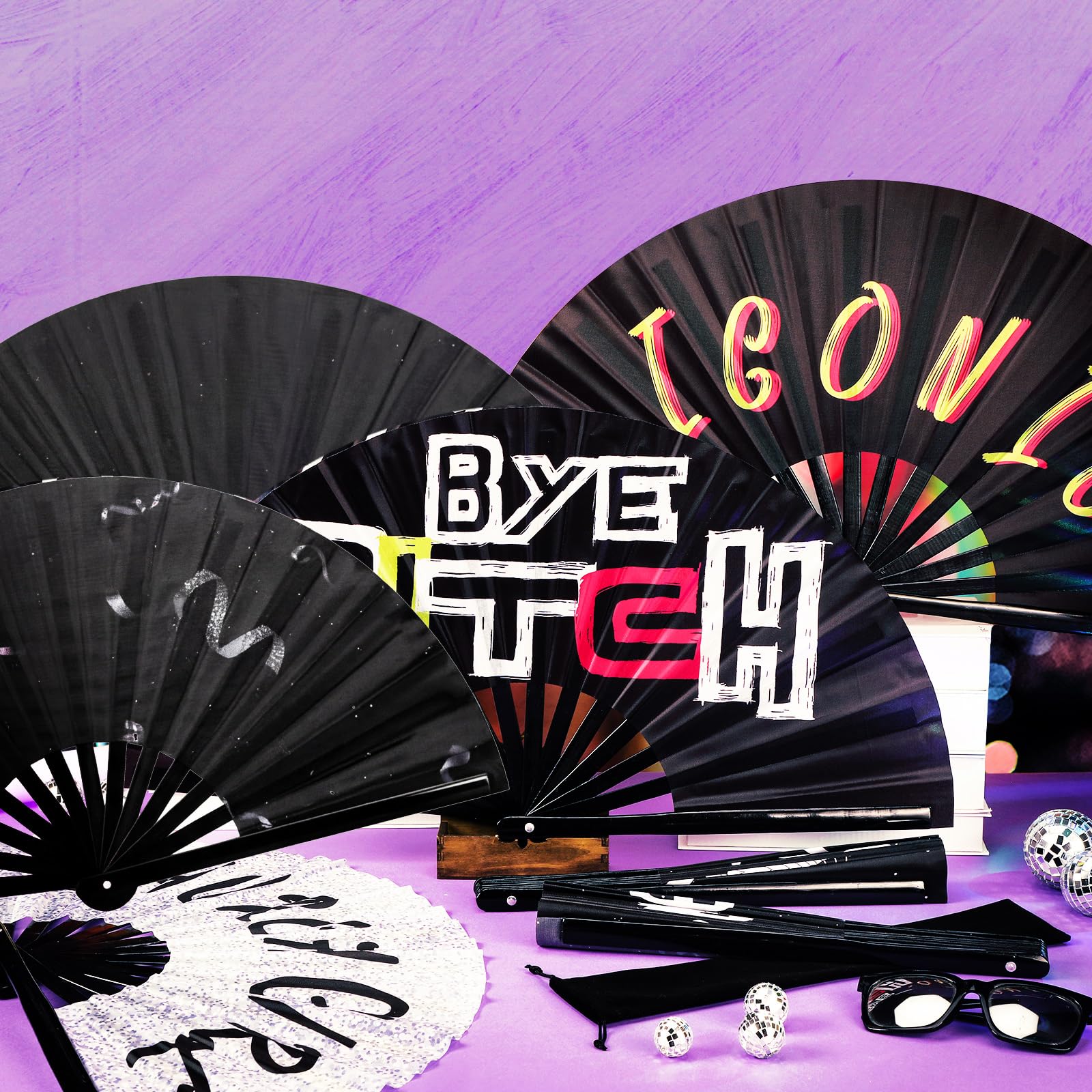 FairySandy 6 abanicos de mano grandes para rave, abanicos icónicos, abanicos plegables de bambú, abanicos chinos de mano para mujeres y hombres, conciertos, festivales, desfiles, actuaciones de fiesta