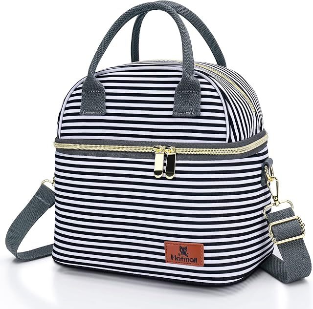 Hafmall Insulated Lunch Bag for Women Men, 9L Dual Compartment Lunch Cool Bag for Work School, Adult Lunch Bag with Shoulder Straps, Stripe