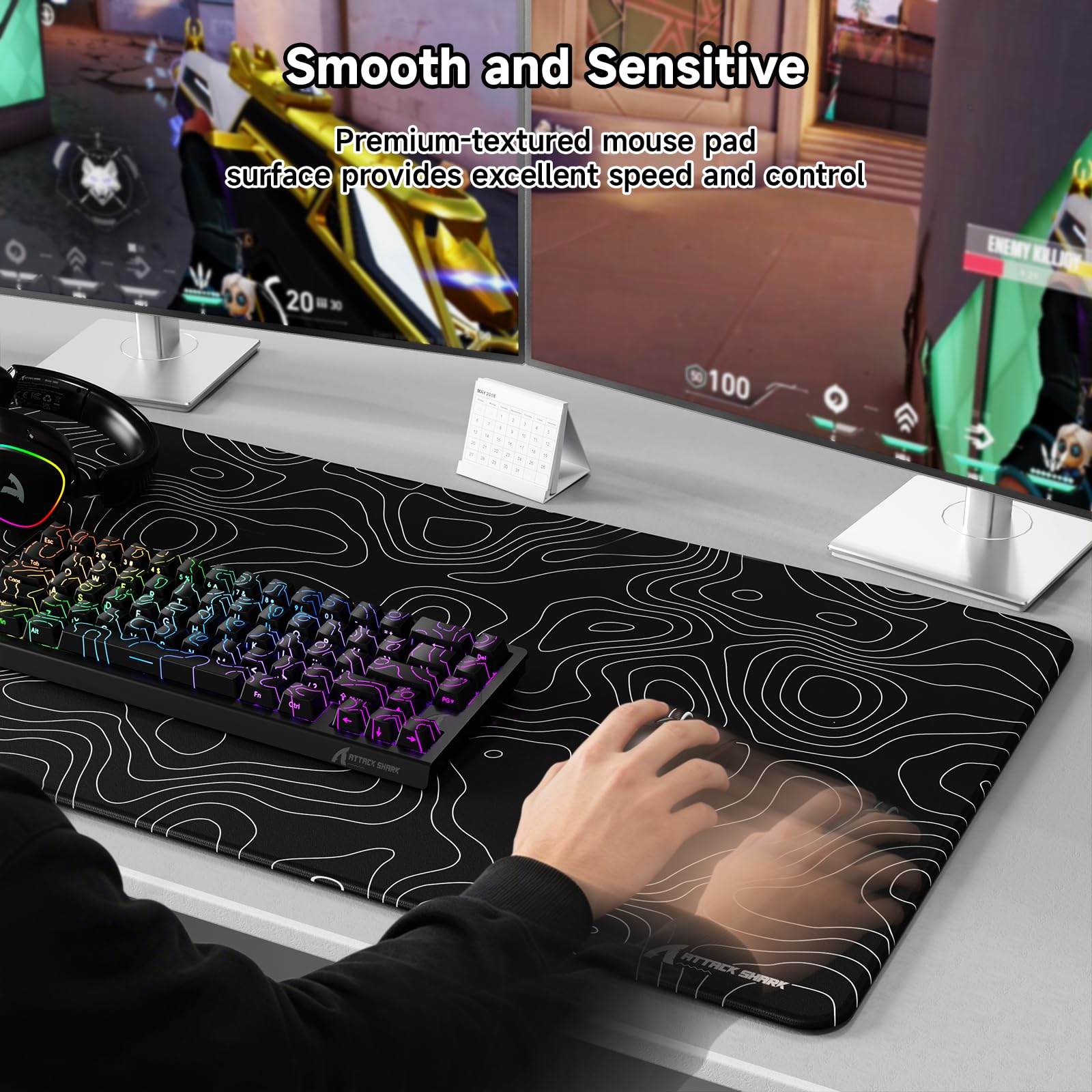 ATTACK SHARK CM02PRO Tappetino Per Mouse Da Gioco Esports Grande, Superficie con Texture Simile Alla Sabbia Fine, Rivestimento Resistente All'Acqua, Base Antiscivolo, 900x395x4MM-Contorno Nero